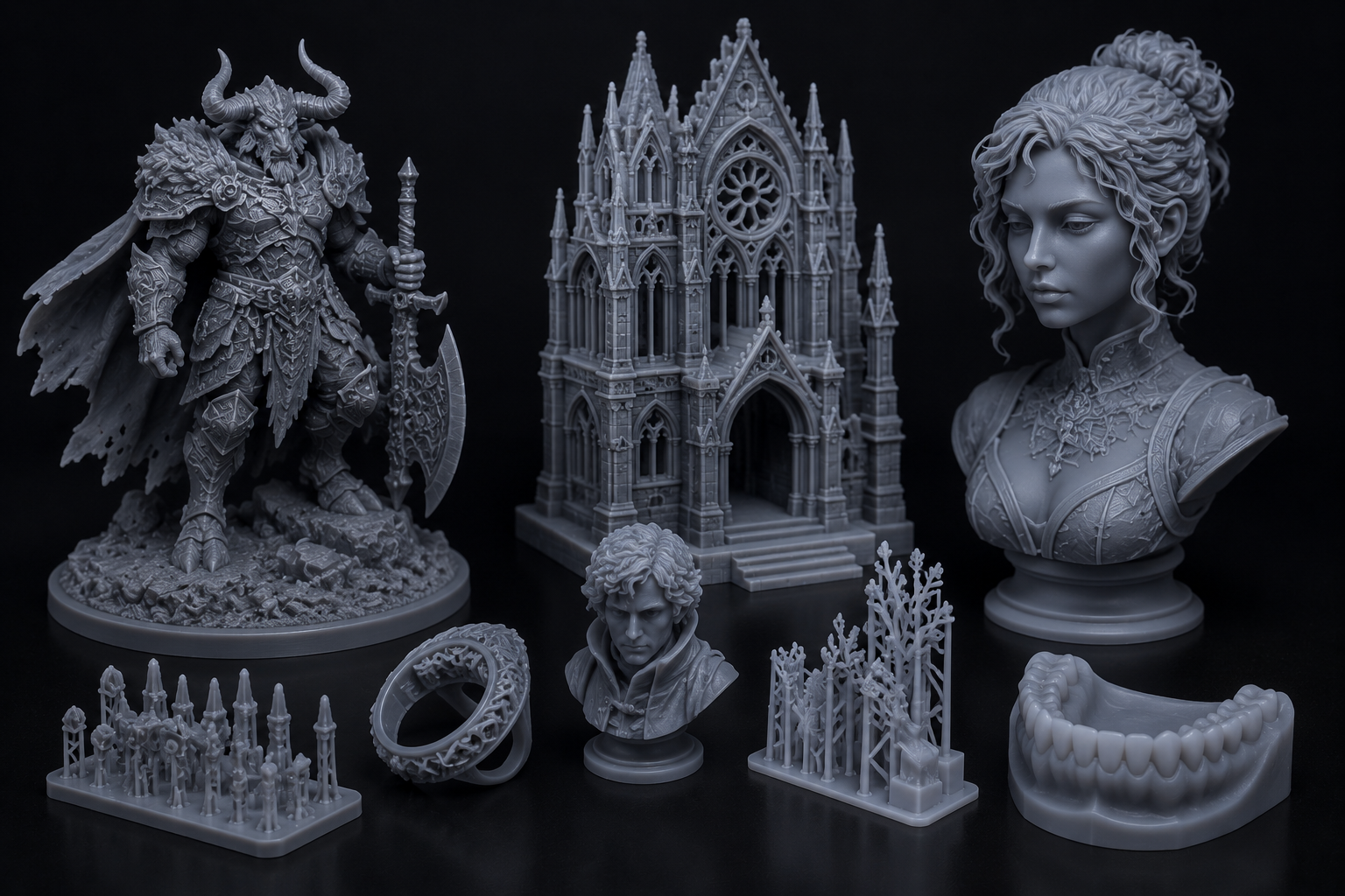 Collection of detailed fantasy-themed miniatures including a horned armored warrior, Gothic cathedral, a woman with elaborate hair, a male character with curly hair, a ring, a pale face bust, a set of bones, and plant-like structures, all in monochrome.