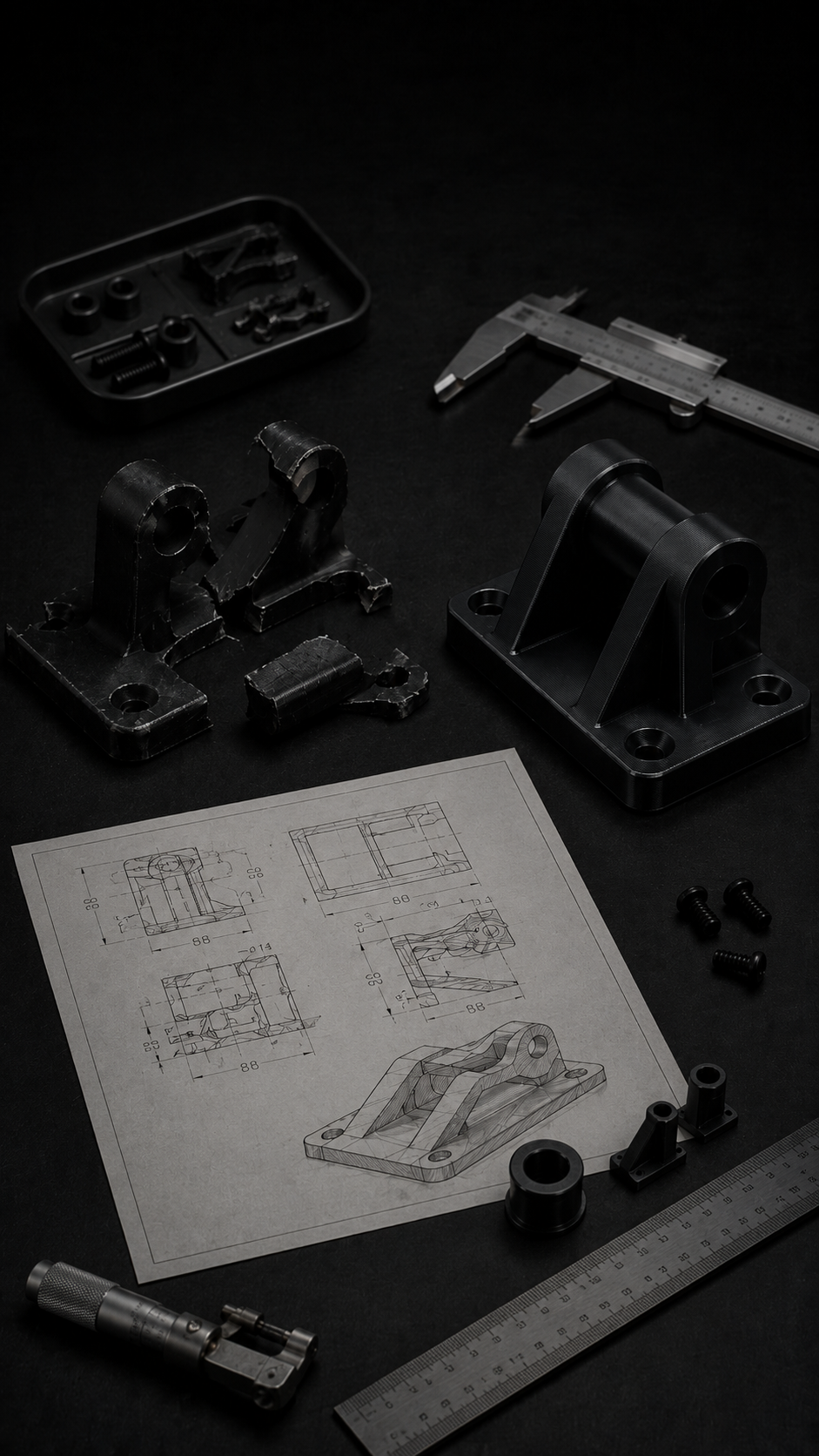 Mechanical parts, technical drawing, caliper, screws, and ruler on black surface in a workshop or engineering setting.