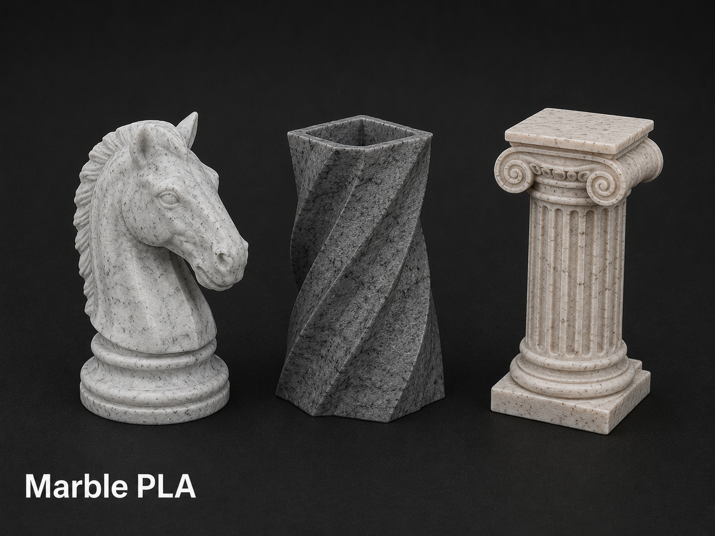Three marble sculptures of a horse head, a twisted column, and a classical column set against a black background.