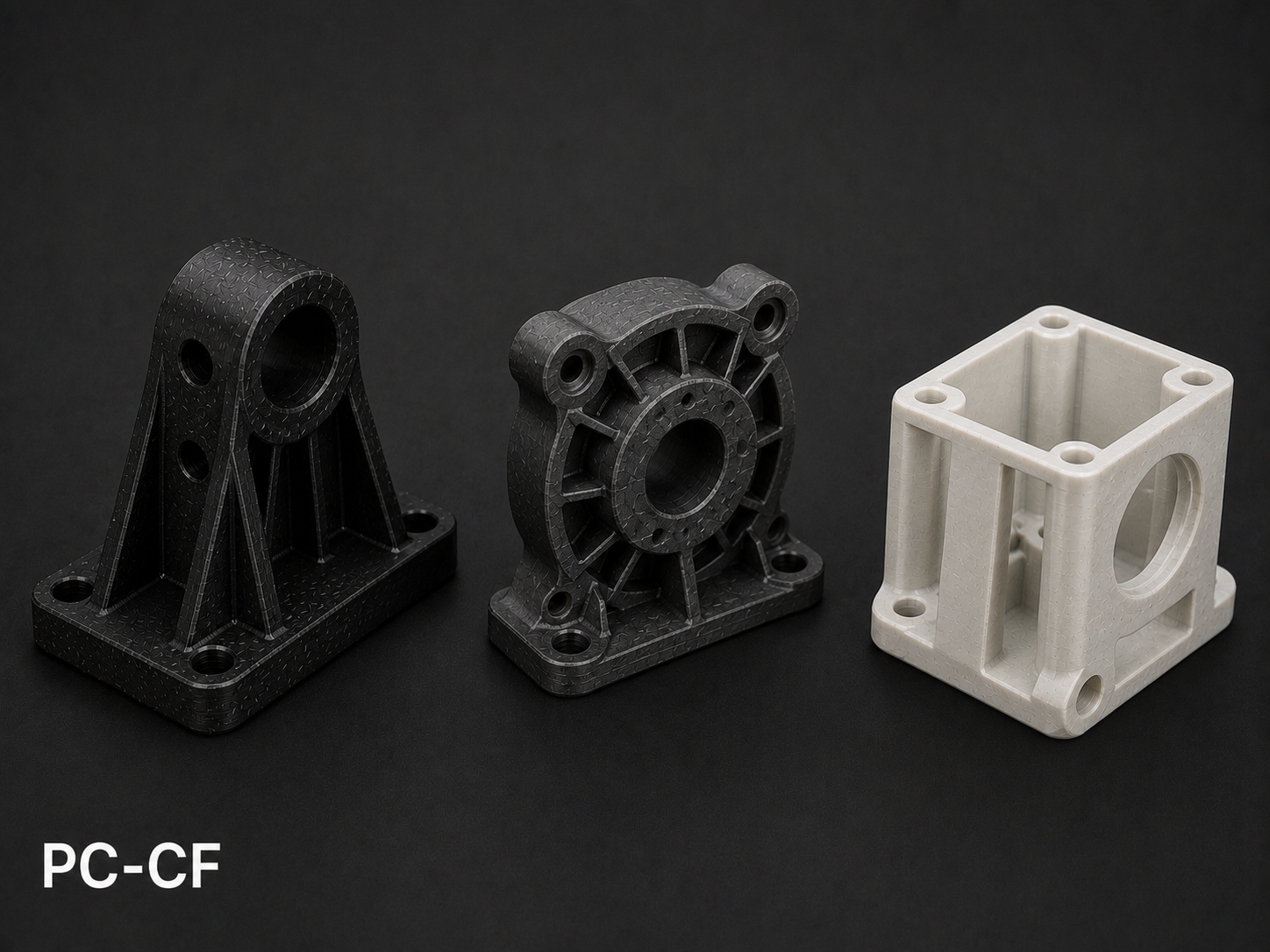 Three different 3D-printed mechanical parts in black and white placed on a black surface with the label PC-CF.