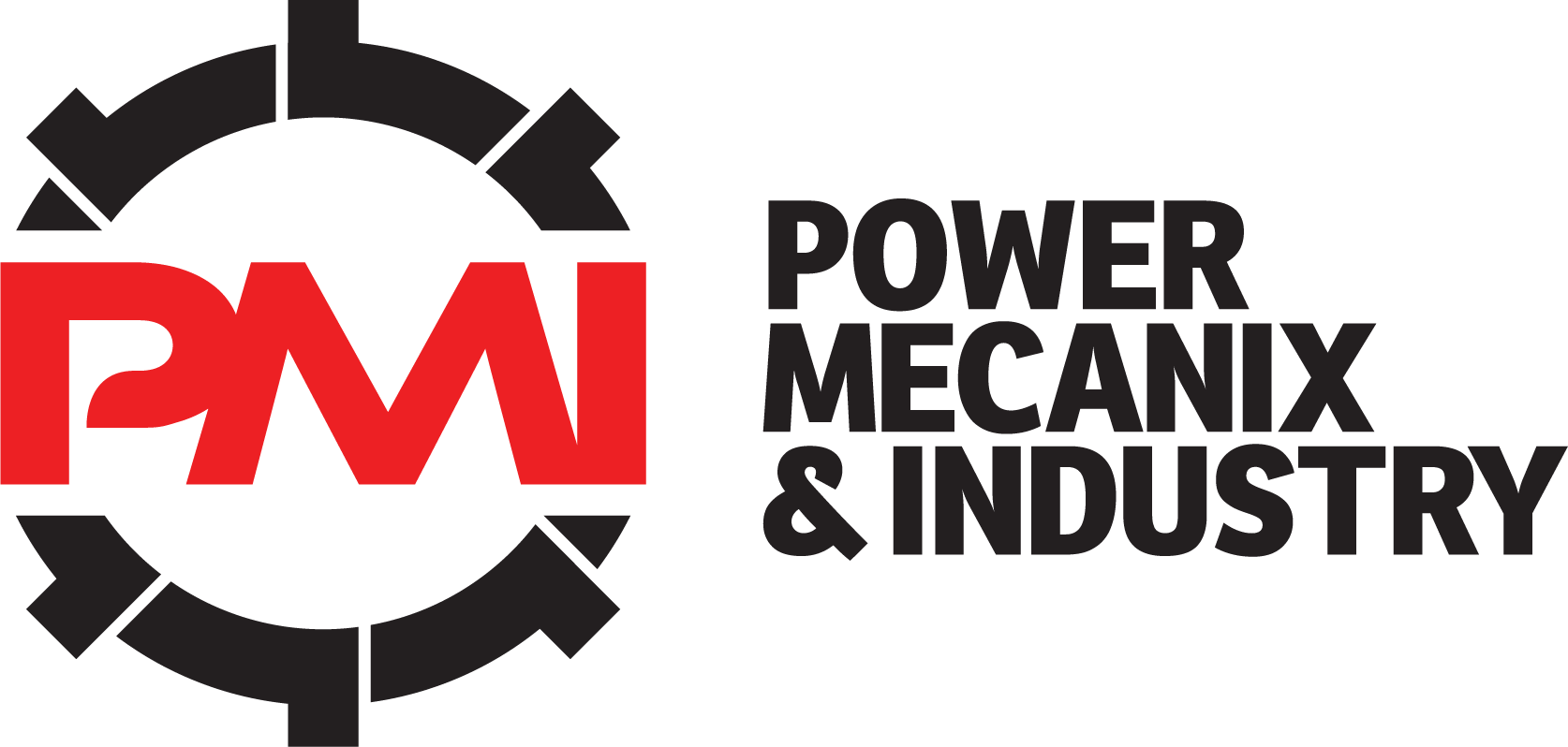 Logo of Power Mechix Industry featuring a black and red gear symbol and the text 'PMI Power Mechix & Industry' in black and red.