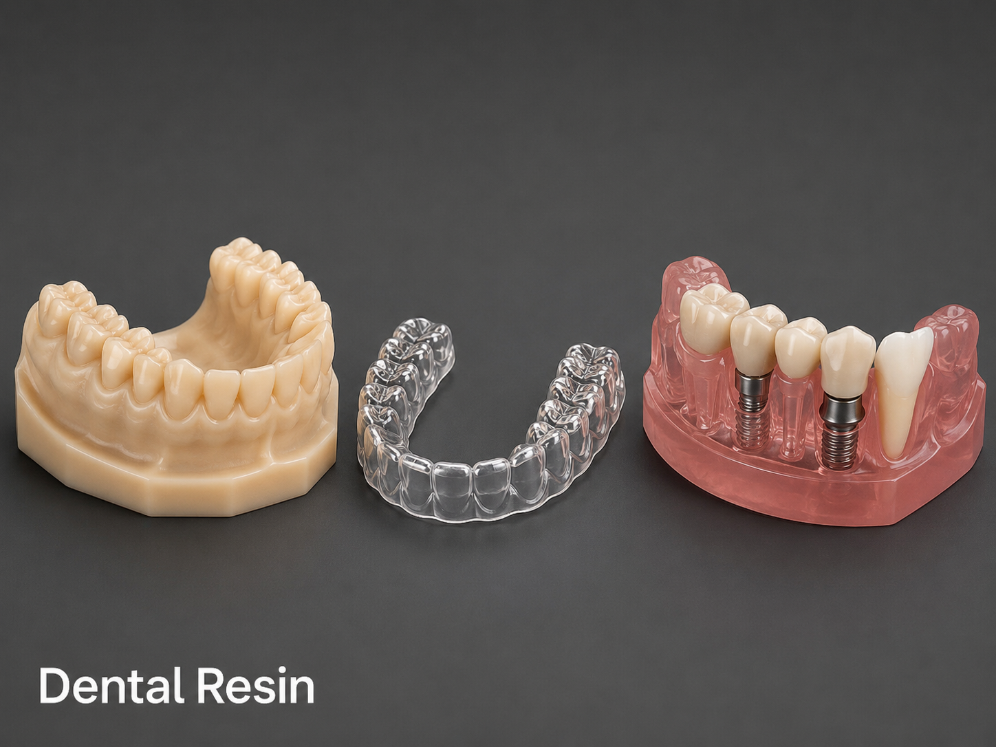 Three types of dental resin models: a full set of artificial teeth on the left, a clear dental aligner in the middle, and a dental implant model with crowns and implants on the right, all displayed on black background.