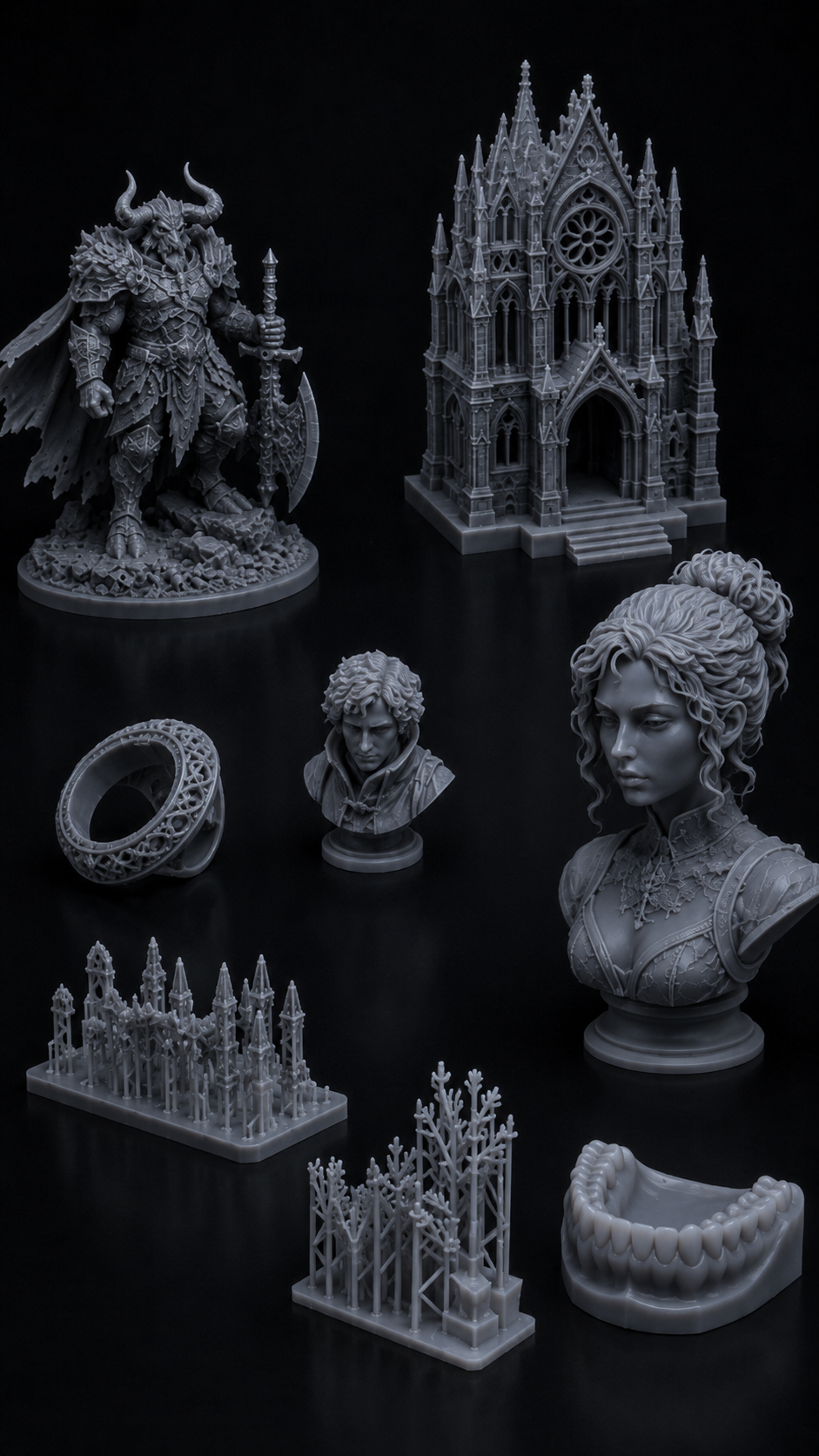 Gray miniature figurines of gothic architecture, a warrior, a male bust, a female bust, a ring, a castle, trees, and a set of teeth, set against a black background.