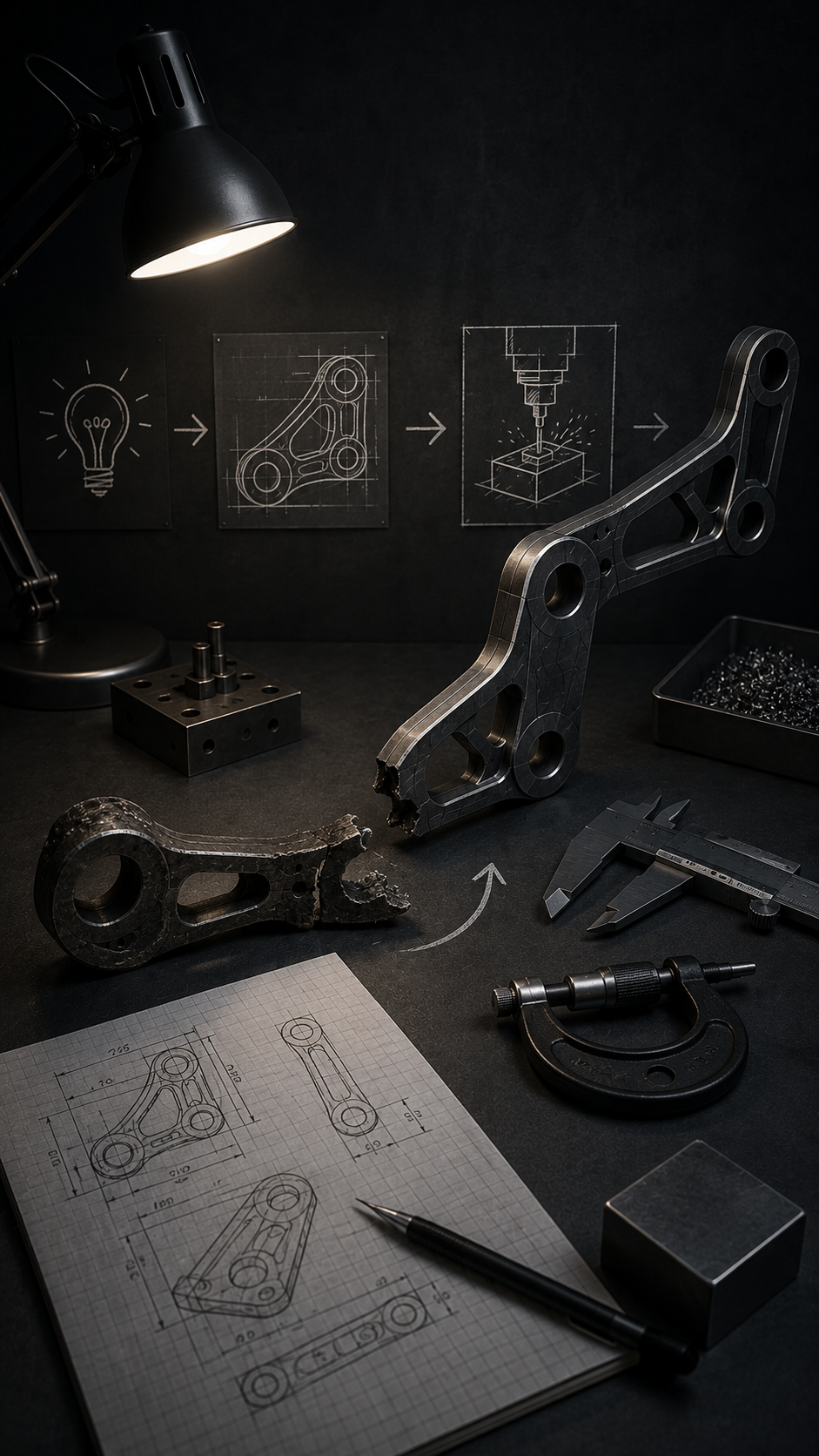 Design and engineering workspace featuring metallic mechanical parts, technical drawings, precision measuring tools, and sketches of a mechanical component, illuminated by a desk lamp.