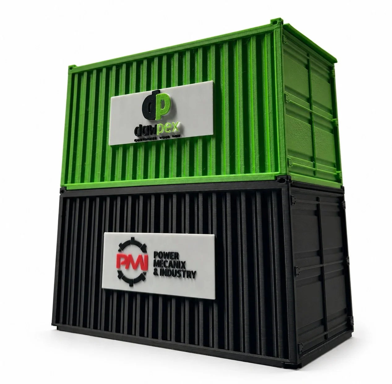 Two stacked shipping containers, the top green labeled 'dowpex' and the bottom black labeled 'Power Mecanix & Industry'.