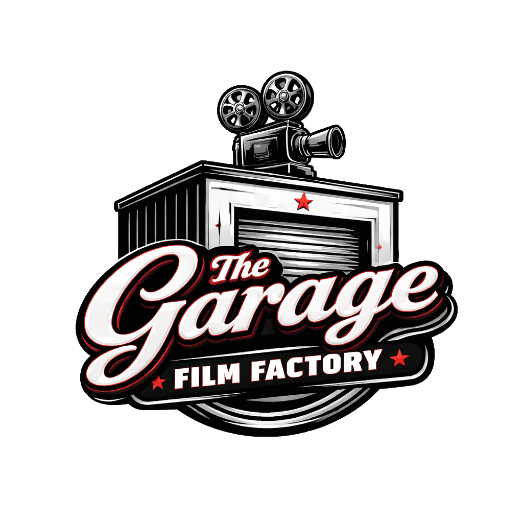 Logo of The Garage Film Factory featuring a vintage film camera on top of a garage with a roller shutter, red stars, and stylized text.