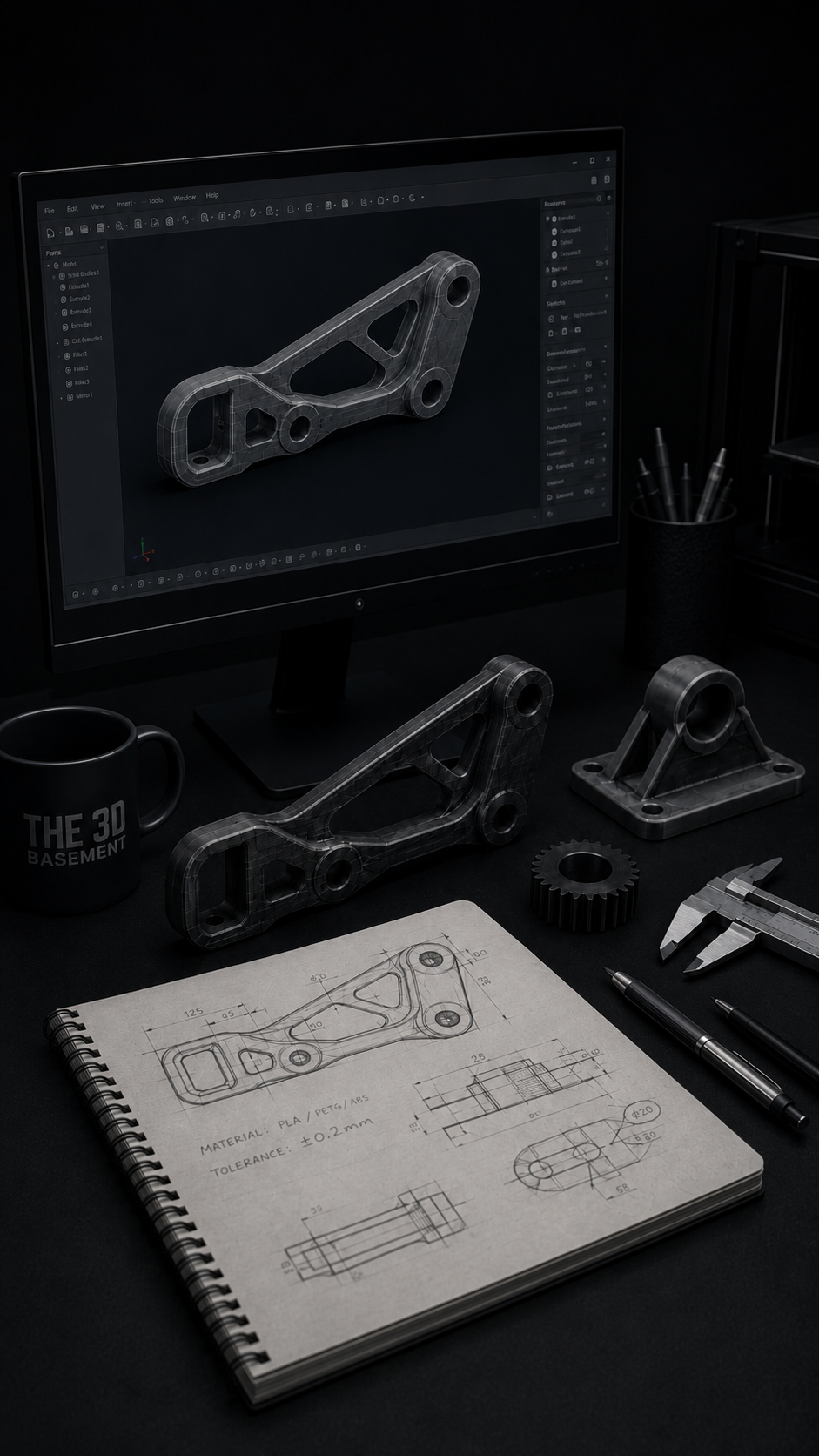 Design sketches, 3D models, and technical drawings of mechanical parts on a dark workspace, including a computer screen displaying a 3D rendered part, with tools and a mug on the desk.