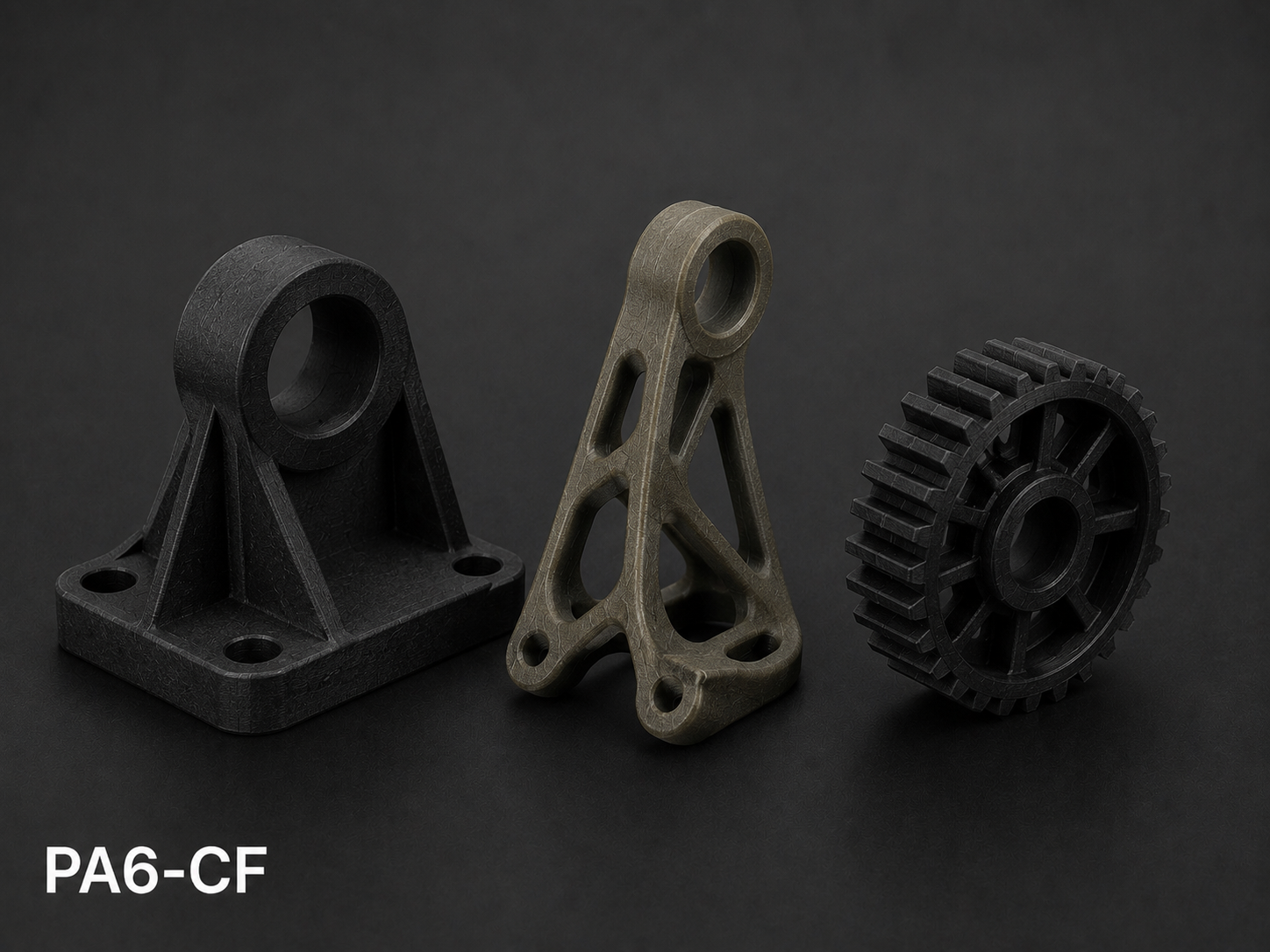 Three black and gray 3D-printed mechanical parts with geometric shapes, placed against a dark background. The left part is a base with a hollow cylindrical opening and four mounting holes. The middle part is a triangular support with circular and elongated holes. The right part is a gear with teeth and an inner hollow. The text 'PA6-CF' is in the bottom left corner.