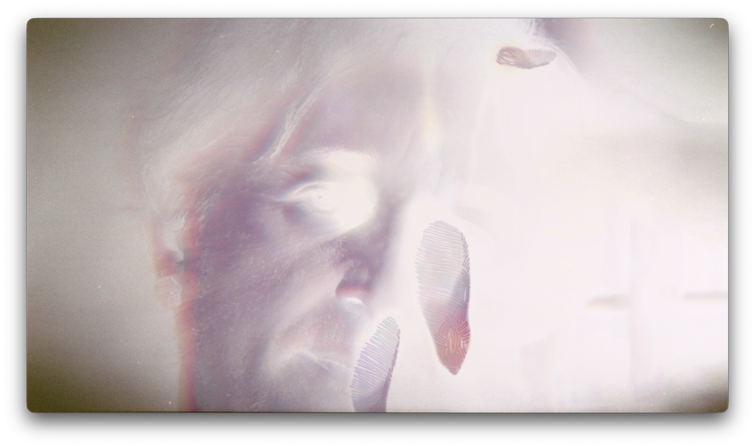 A highly stylized, abstract image of a person's face, with a bright, overexposed lighting effect.