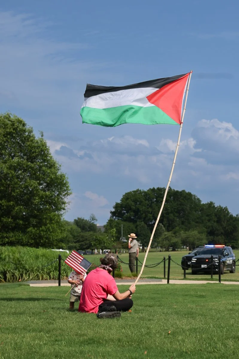 Pro-Palestinian protester with flag and child with American flag on the National Mall during UFC Freedom 250 Washington DC June 14 2026