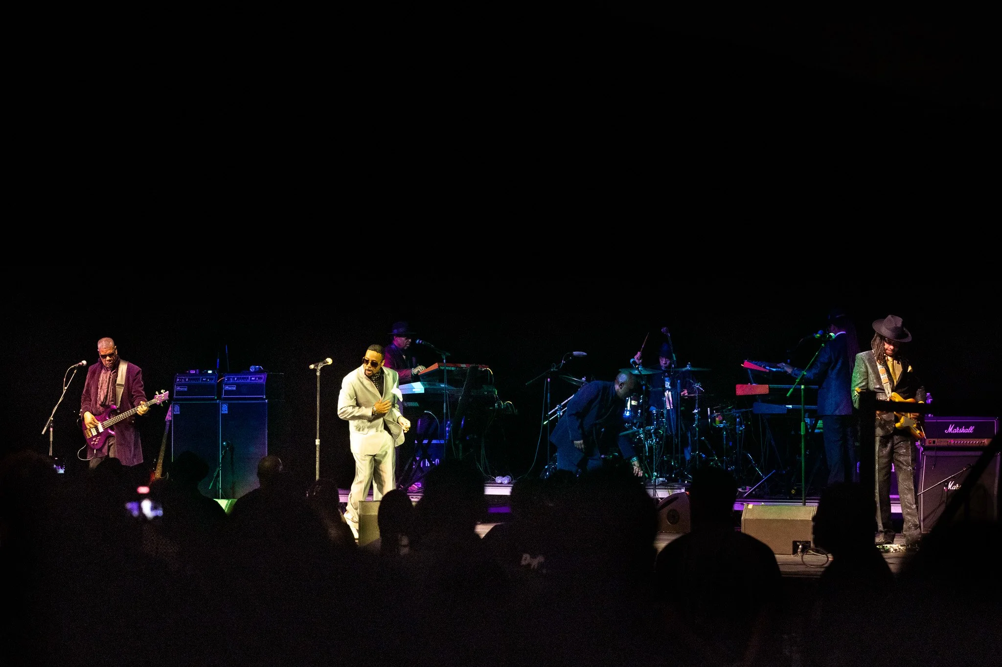 Full Morris Day and The Time band performing together at Clowes Memorial Hall.