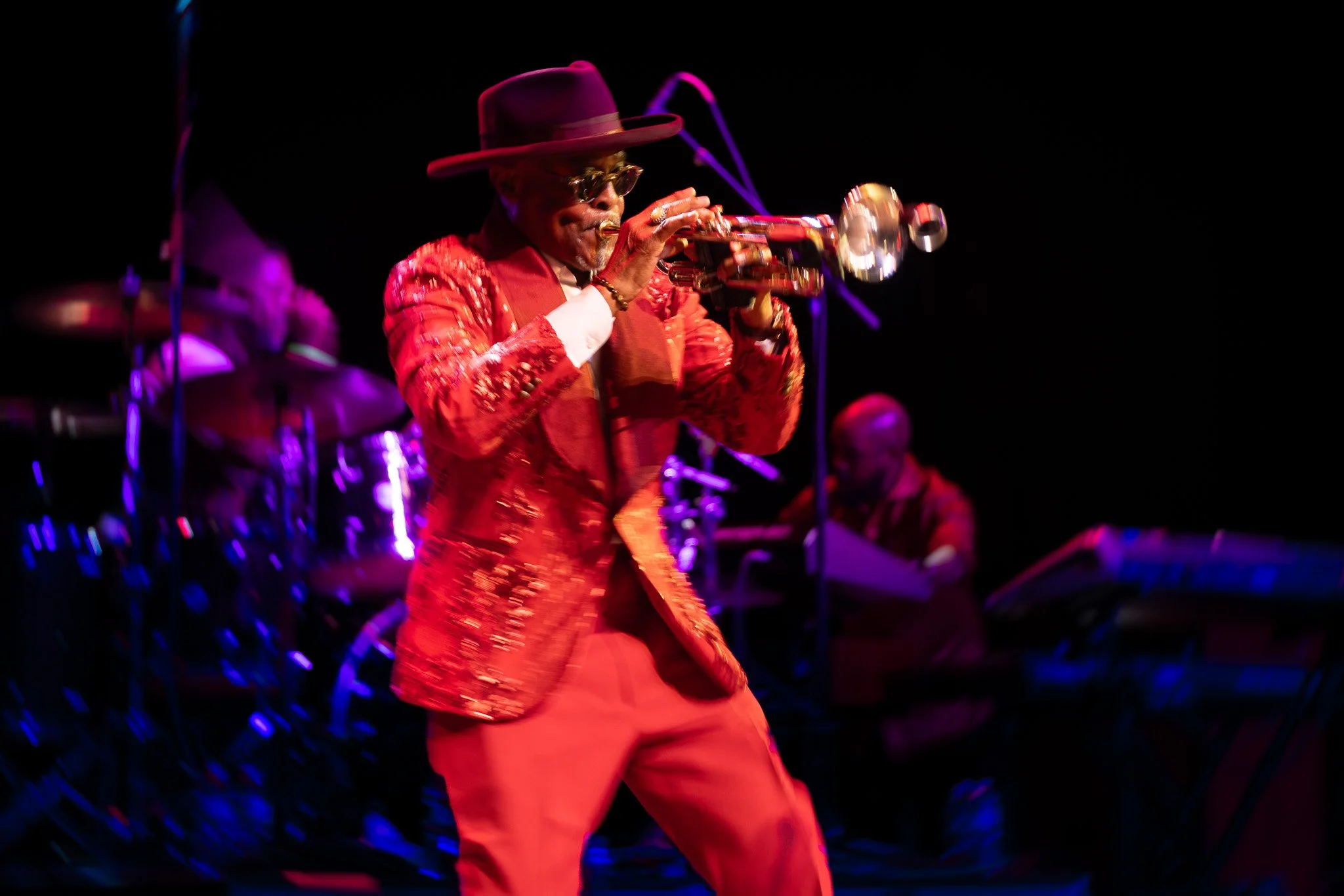 Abdul Ra-oof performing a trumpet solo during SOS Band’s show at Butler University’s Clowes Hall.
