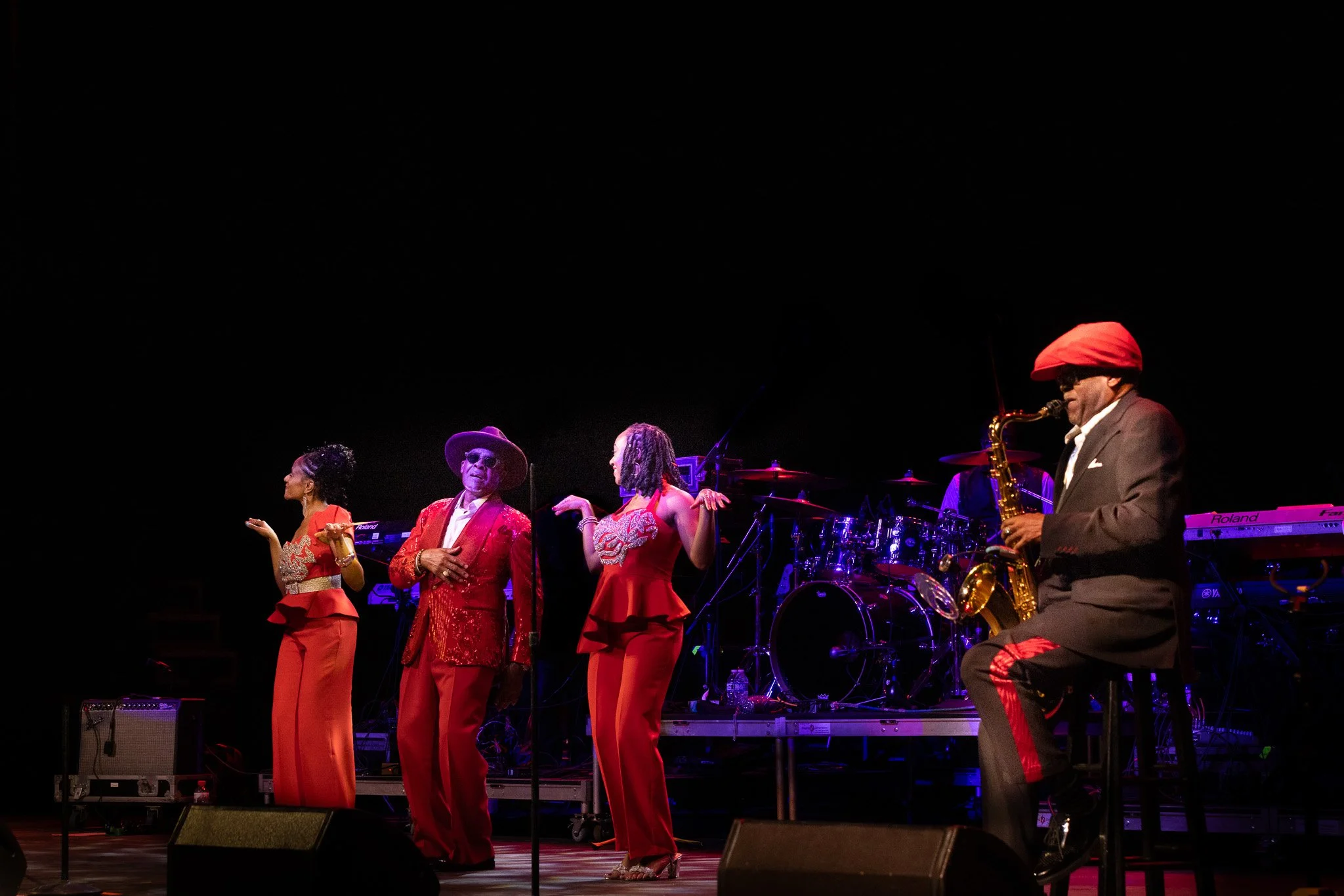 Full SOS Band lineup performing together onstage at Clowes Memorial Hall during their 2026 concert.
