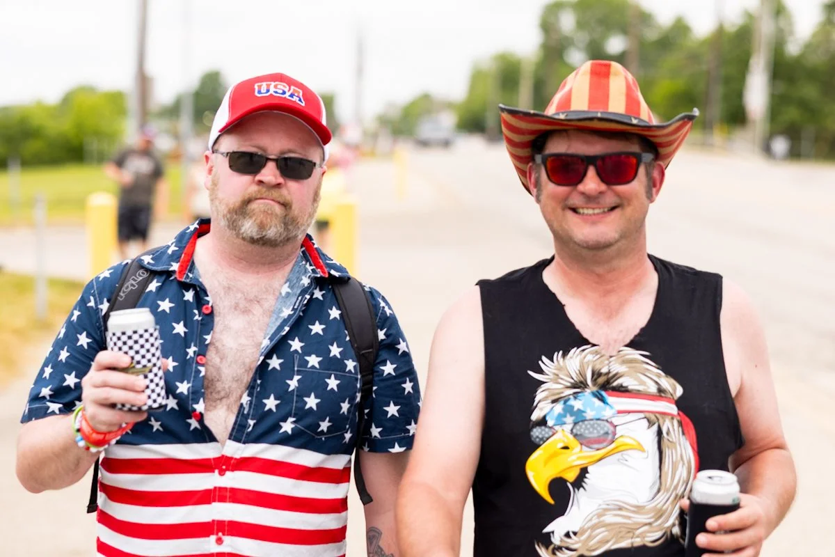 American Dudes. Oozing Freedom. Drinking Bear, wearing American Flag Gear