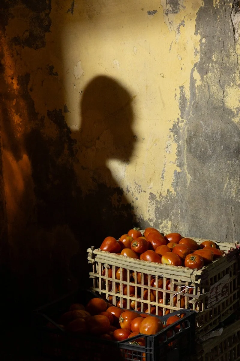 Crates of tomatoes against peeling wall with shadow of person in hat