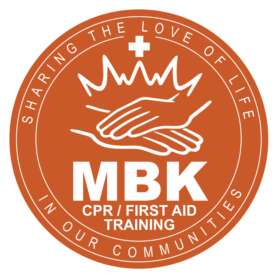 A circular logo with a brown background, featuring a white line drawing of two hands shaking, a white medical cross above the hands, and the large initials "MBK" below the hands. The text around the circle reads "Sharing the Love of Life in Our Communities" and "CPR / First Aid Training."