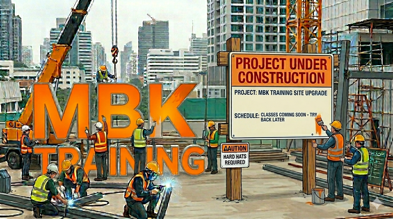 Construction workers wearing safety gear working on a building site with large 'MBK TRAINING' letters and a sign indicating the project is under construction, scheduled classes, and safety requirements in an urban setting.