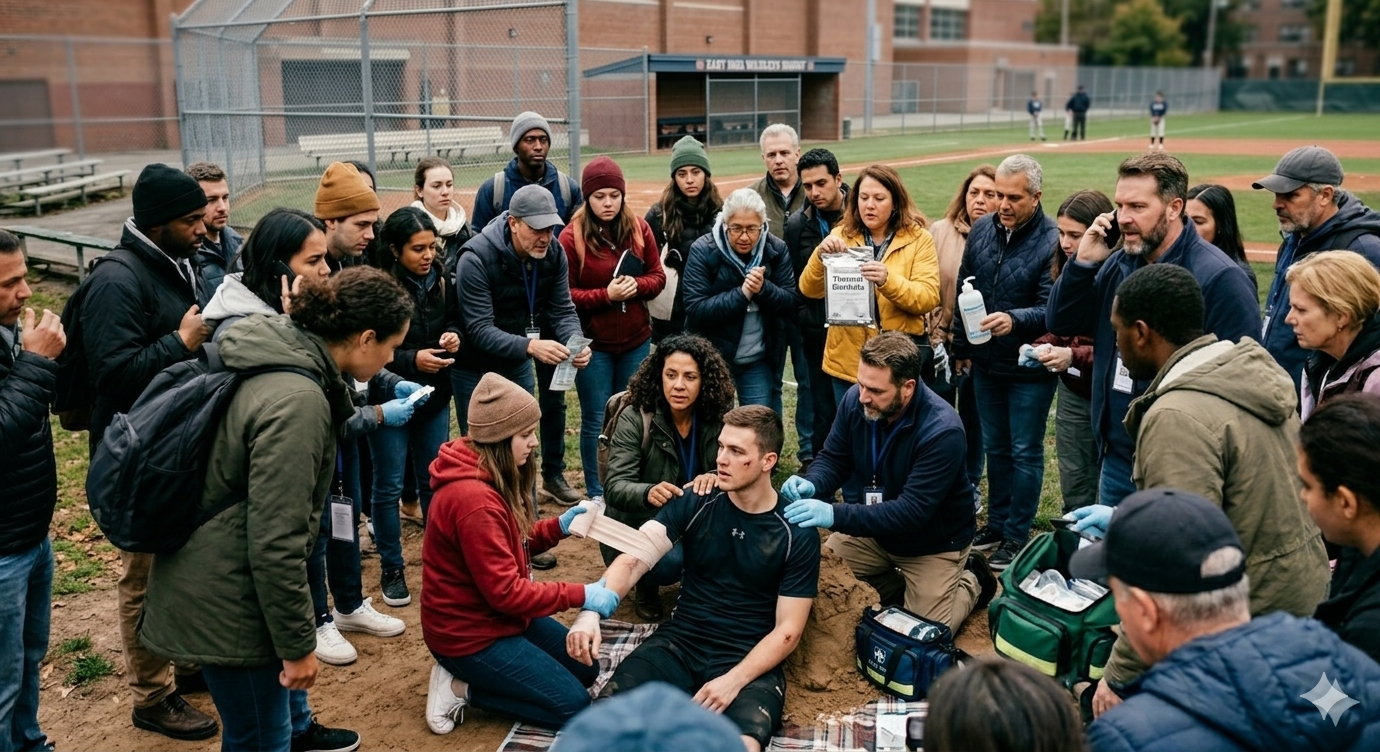 A group of people surrounding a young man with a broken arm, receiving medical assistance during a first aid training session on a baseball field.