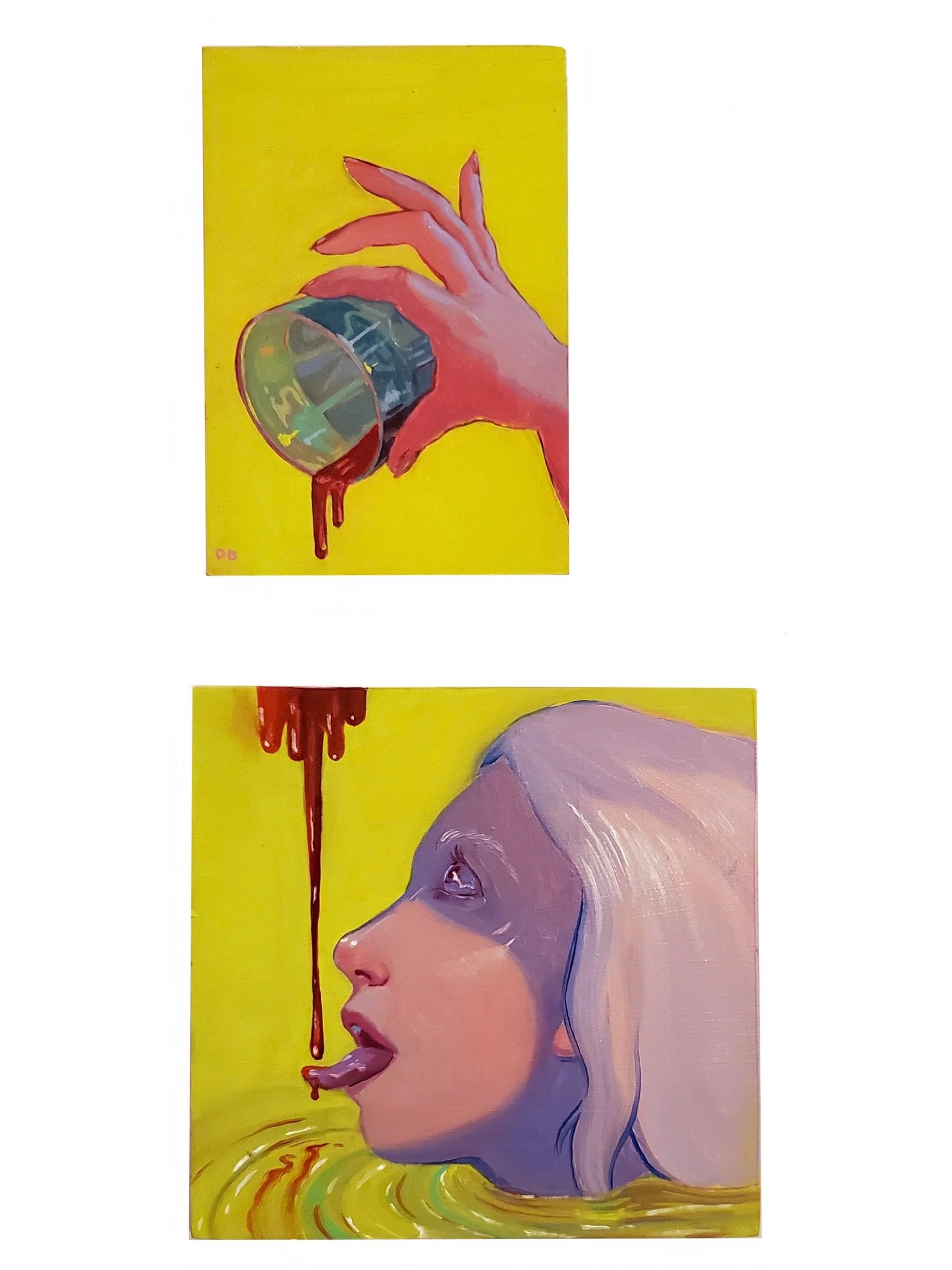 A colorful painting of a woman's face in profile with closed eyes, purple hair, and a yellow background. A hand holds a tipped-over glass with a dripping liquid, and the liquid runs downwards.