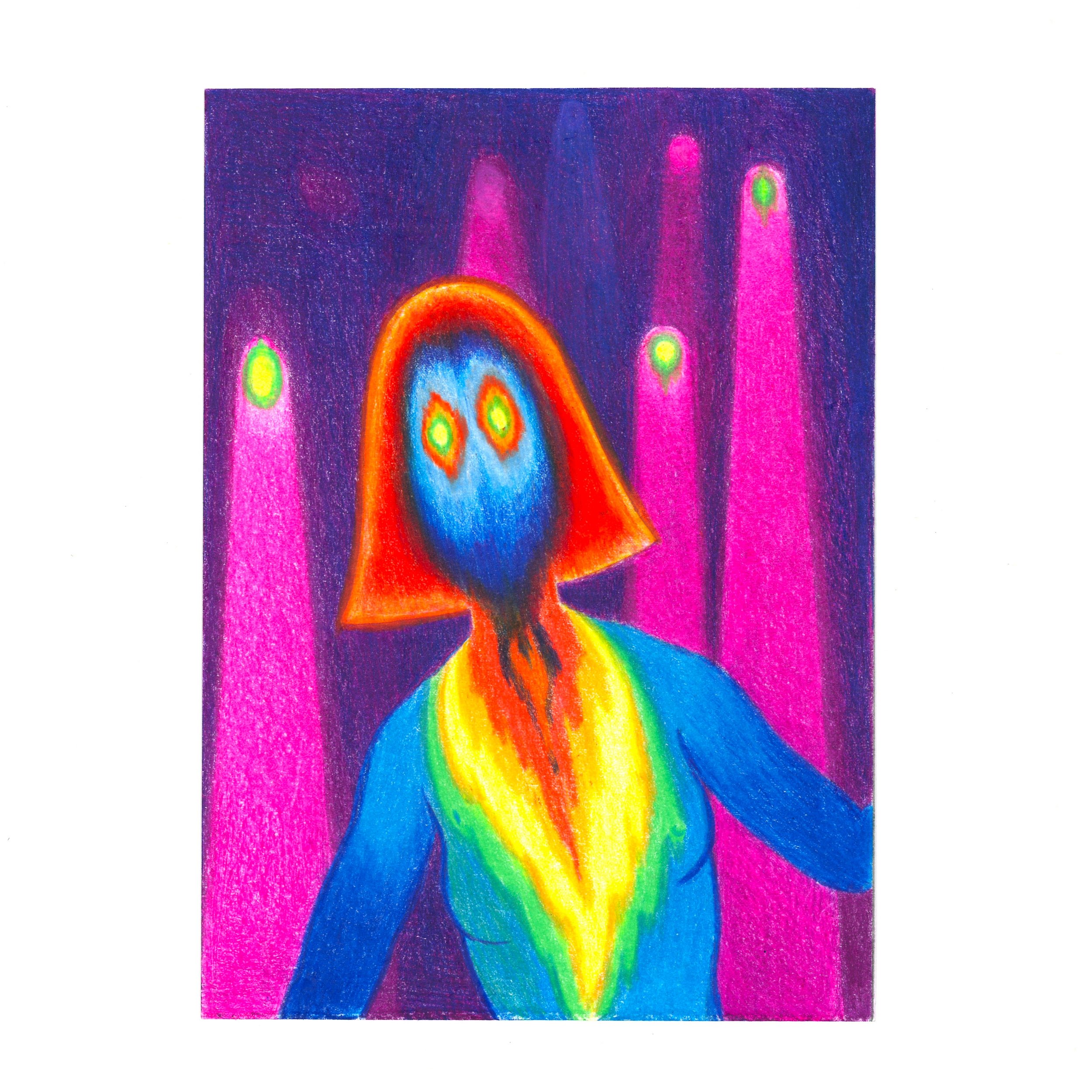 Colorful abstract drawing with rainbow colors and curved shapes on a dark purple background.