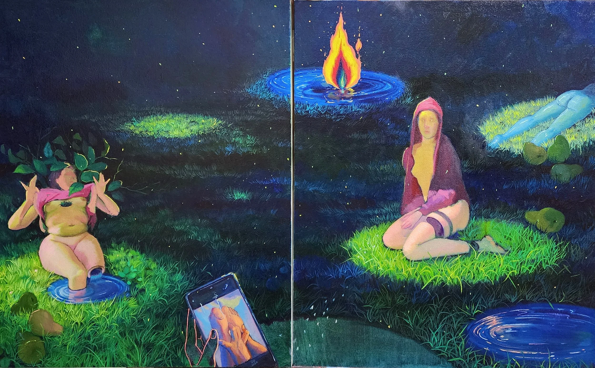 A painting of a woman sitting on grass near two ponds with a floating flame, a woman lying on her side, and a person taking a photo with a phone.