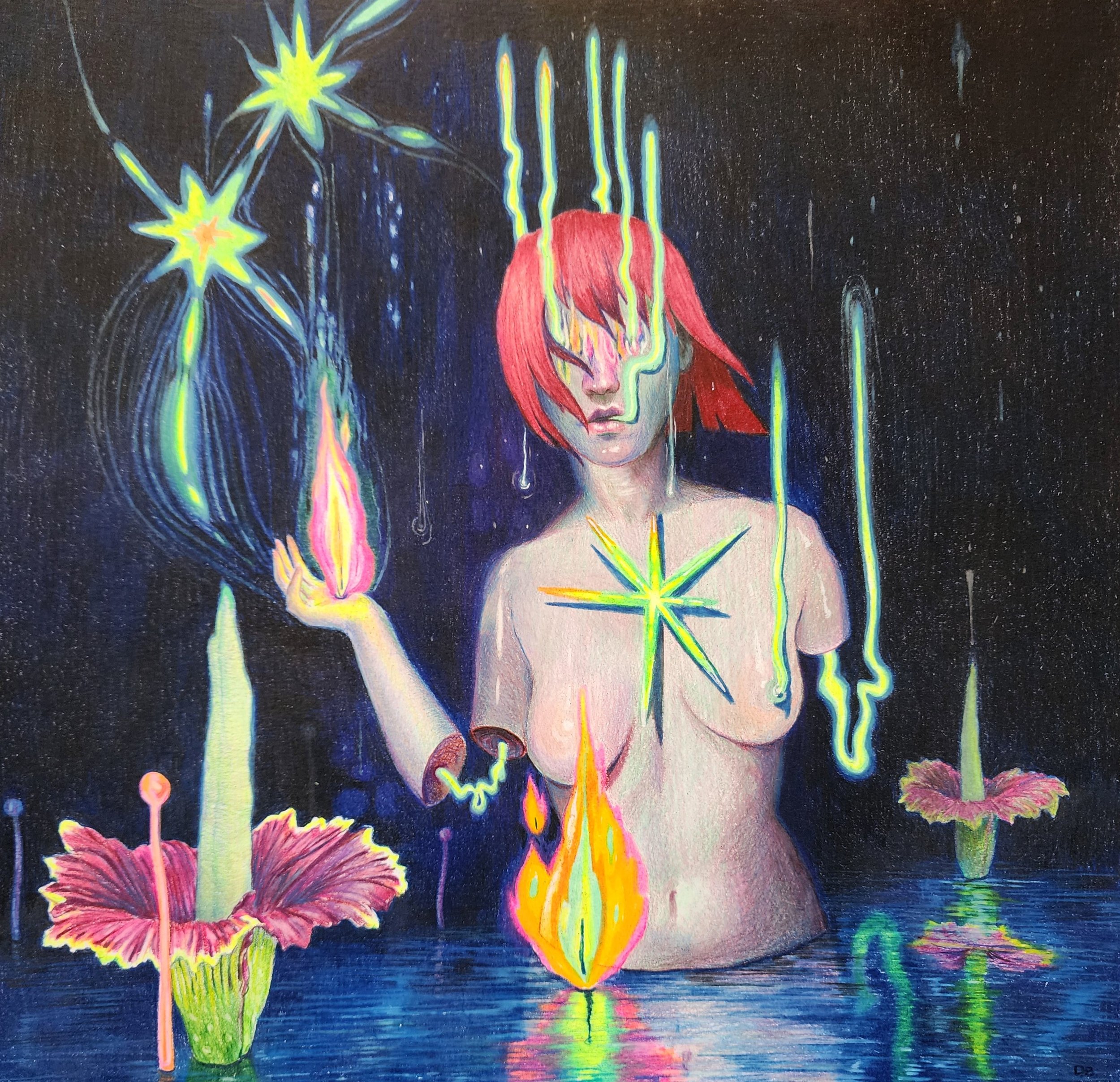 A neon-colored illustration of a woman with red hair, surrounded by neon flowers, stars, and abstract shapes against a dark background.