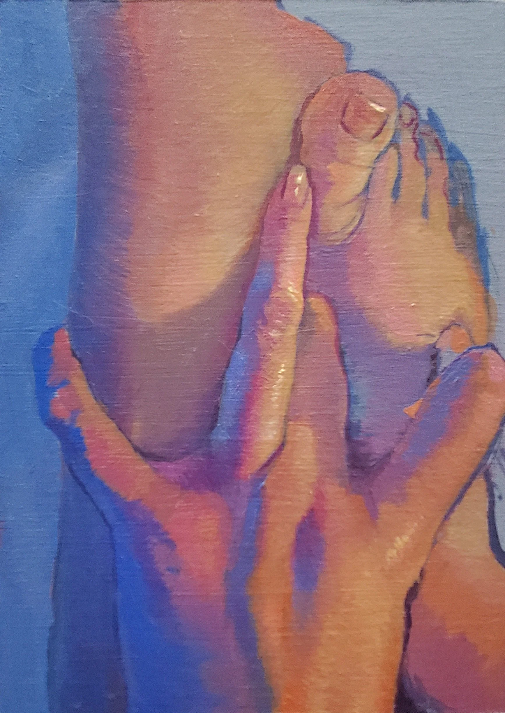 Close-up of a painting or illustration depicting a woman with long hair, holding a hand to her lips, with a colorful background of blue, pink, and orange hues.