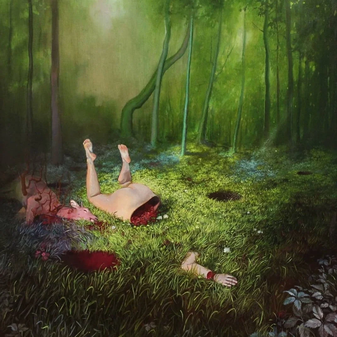 A surreal painting of a forest scene with a woman lying on the grass, her upper body missing and blood on her arm, with some parts of her body lying nearby. The background depicts tall green trees and a lush forest floor.