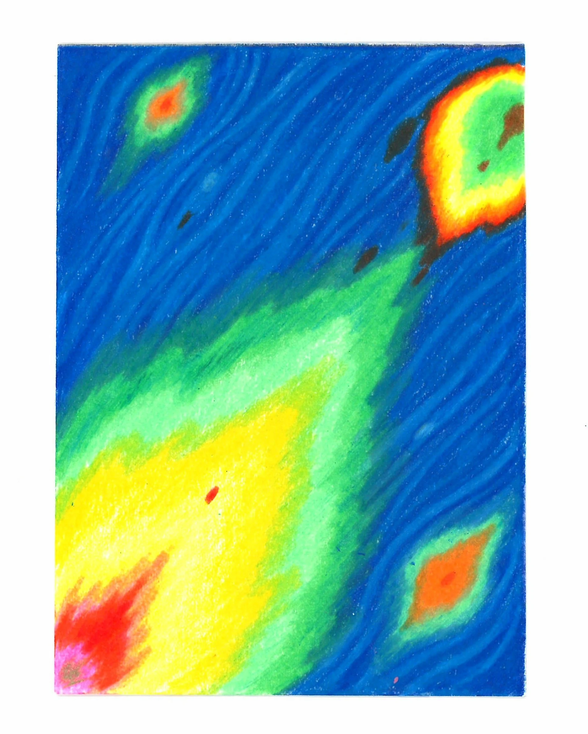 Bright, colorful abstract artwork featuring a mix of vivid blue, yellow, green, red, and pink colors with a swirling pattern.
