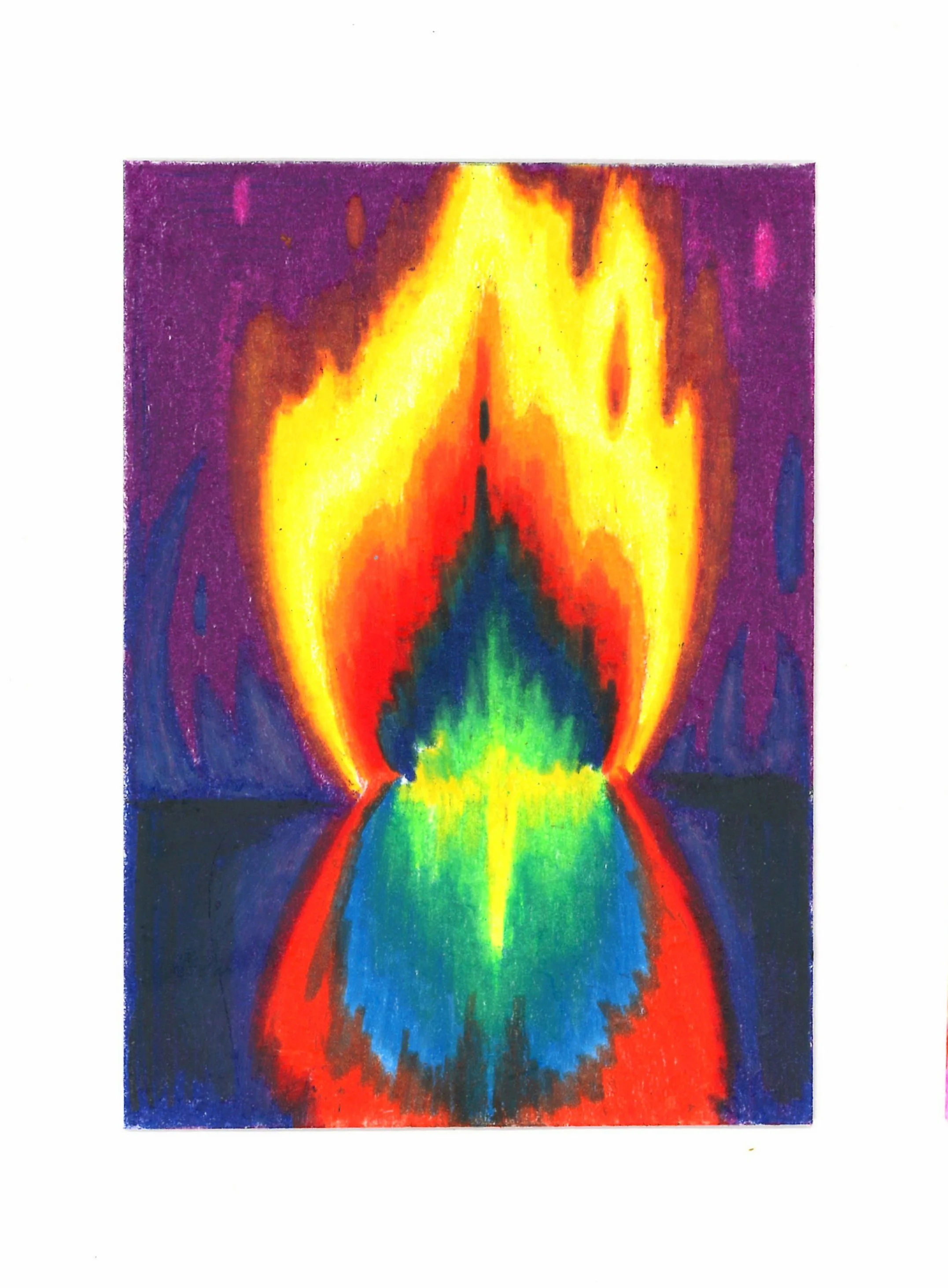 Colorful abstract artwork resembling a flame or explosion with vibrant shades of yellow, orange, red, green, blue, and purple.