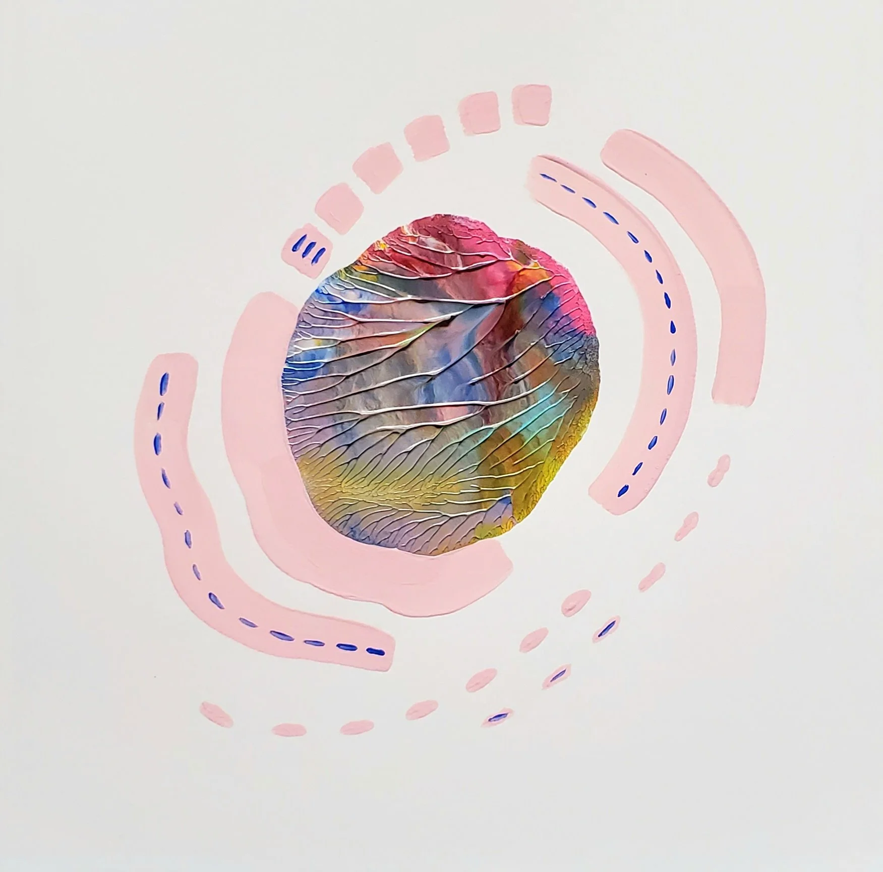 A colorful, iridescent shell with intricate lines and patterns, surrounded by abstract pink and blue design elements and dashed lines on a white background.