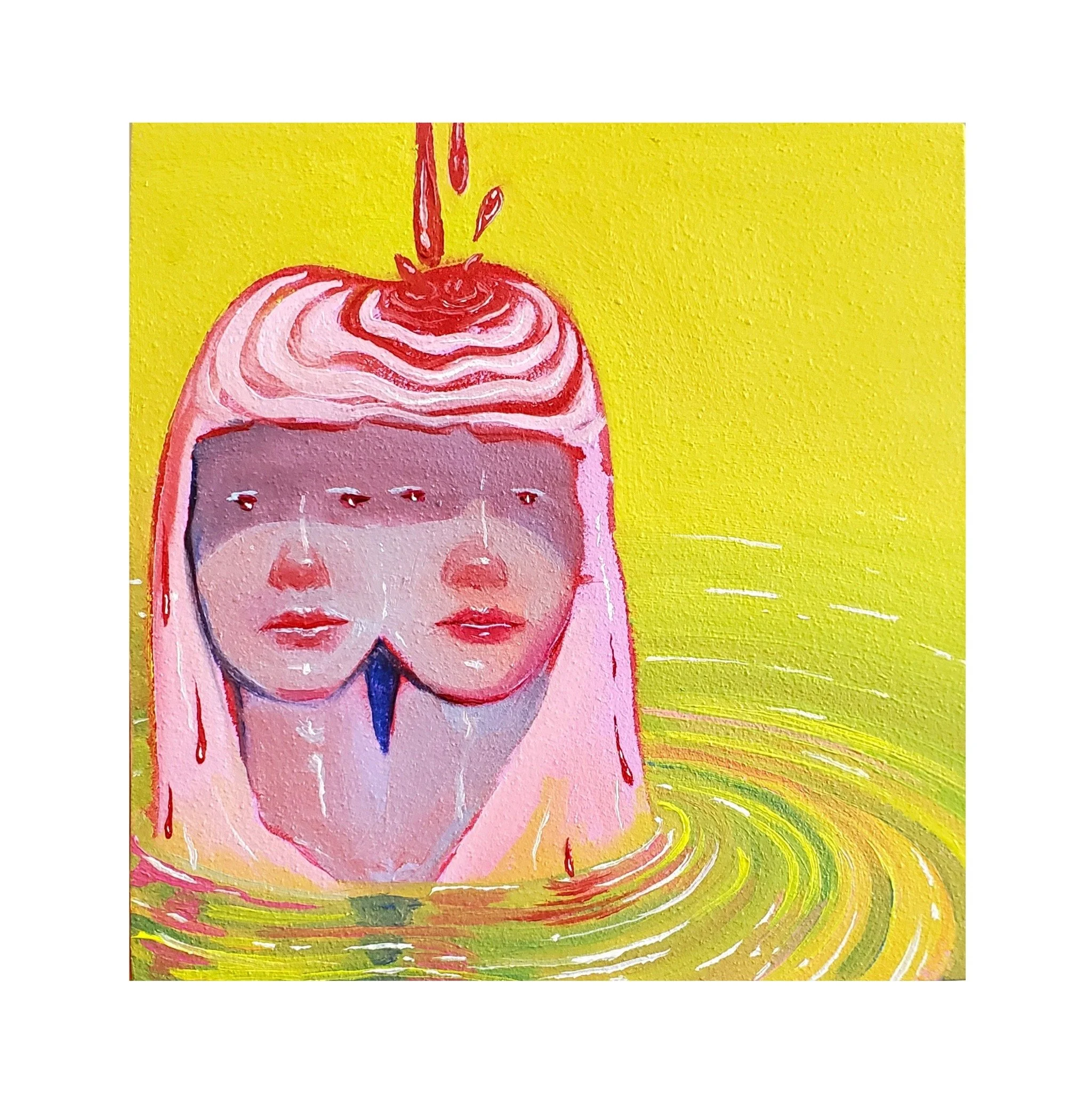 An abstract painting of a woman with long pink hair, closed eyes, and a hand resting on her cheek, set against a yellow background with colorful swirling strokes at the bottom.