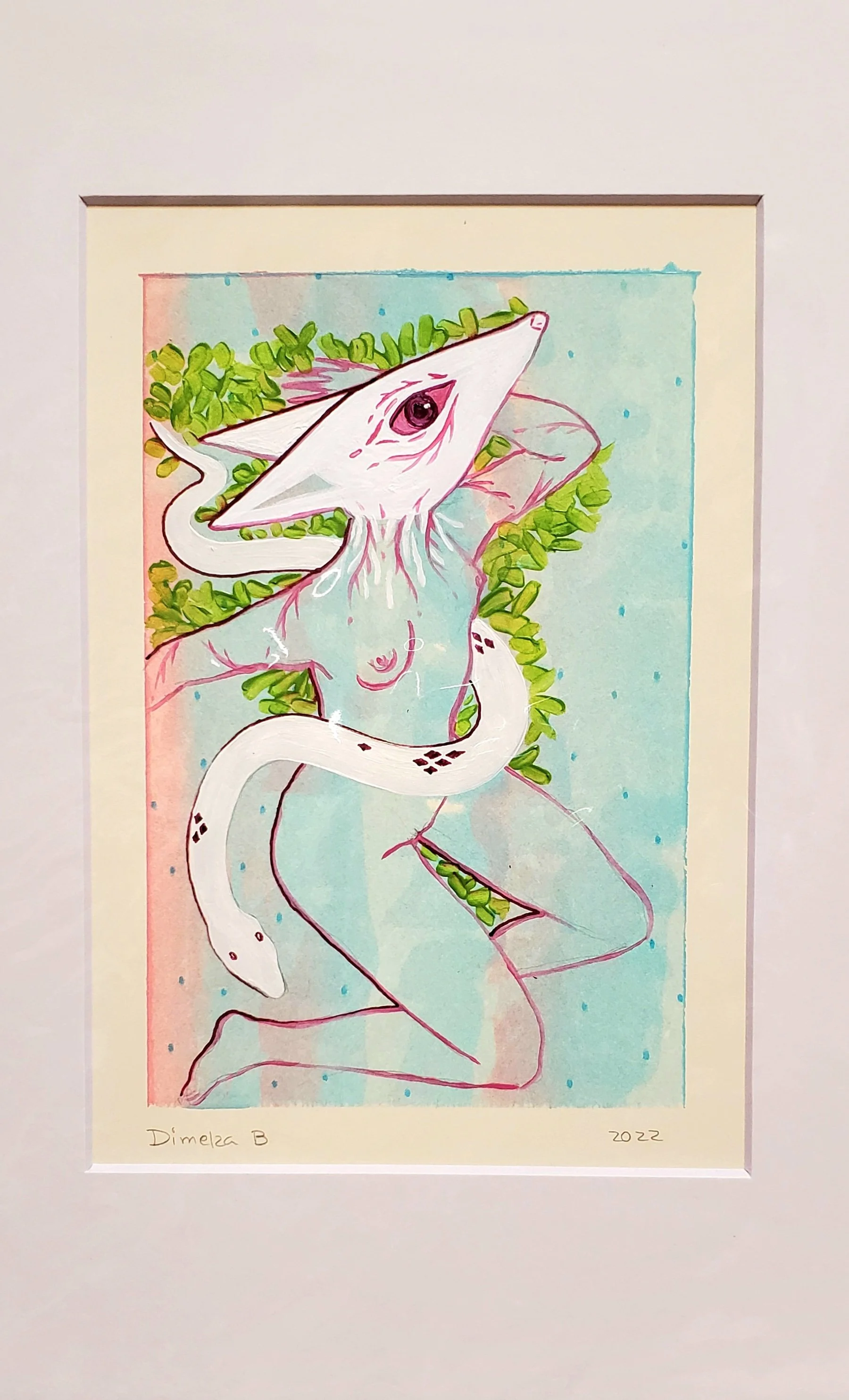 Watercolor artwork of a person with a fox's head and a human body, surrounded by green leafy plants, with a pastel pink and blue background.