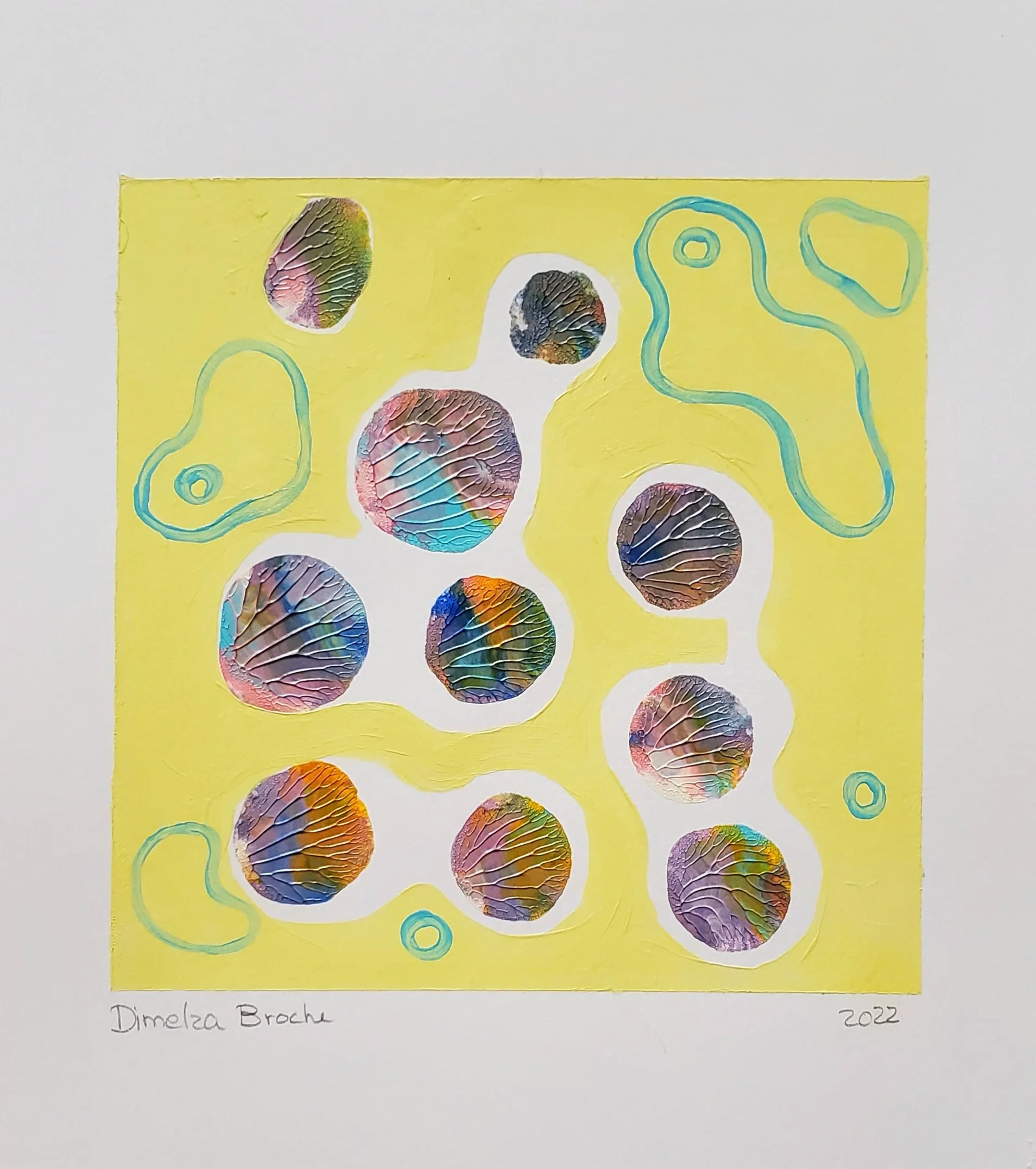 Colorful abstract artwork featuring circular shapes with a textured, vein-like pattern, set against a bright yellow background, with some line drawings.