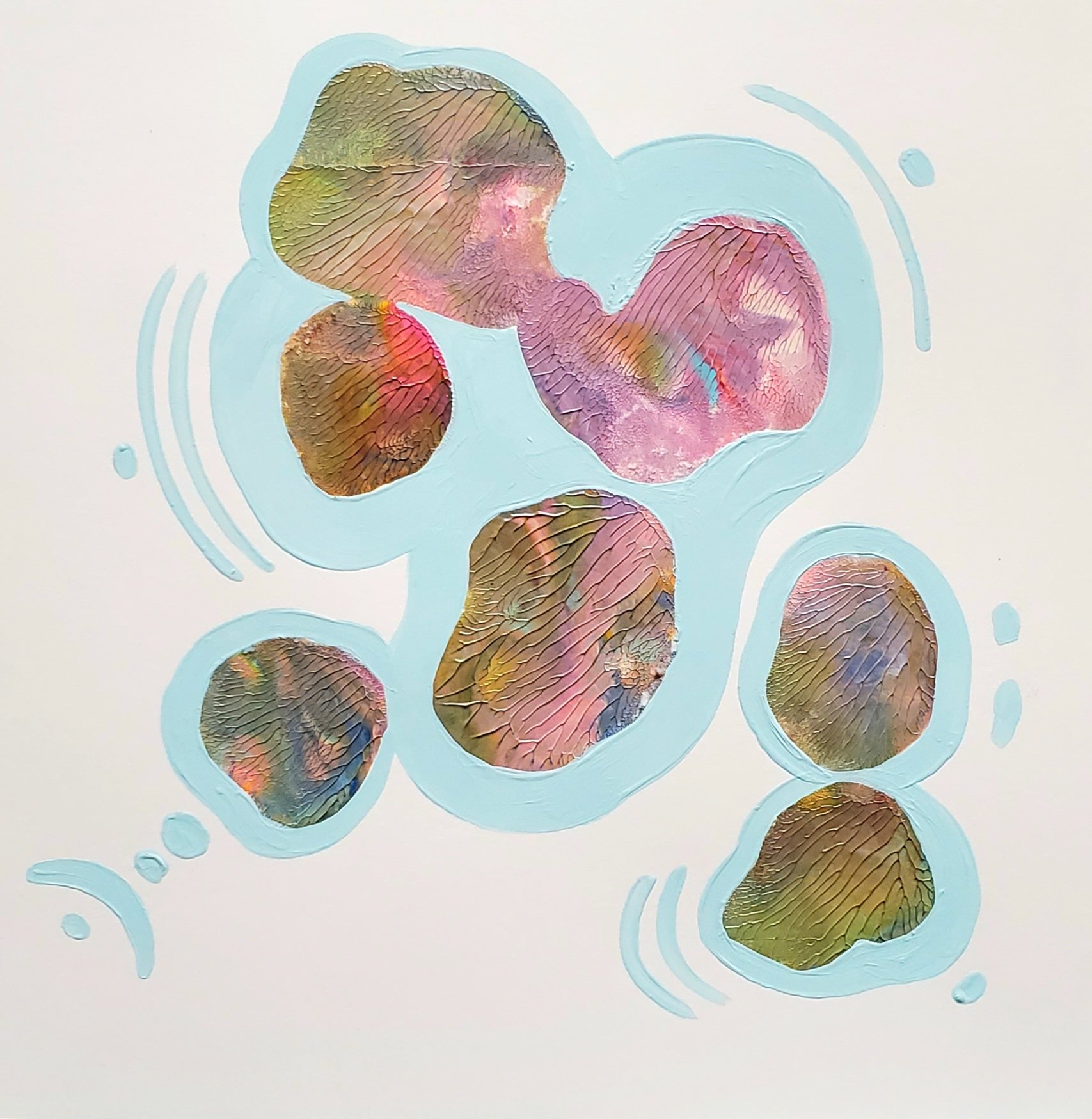Illustration of a cluster of multicolored, textured eggs surrounded by blue circular lines on a white background.