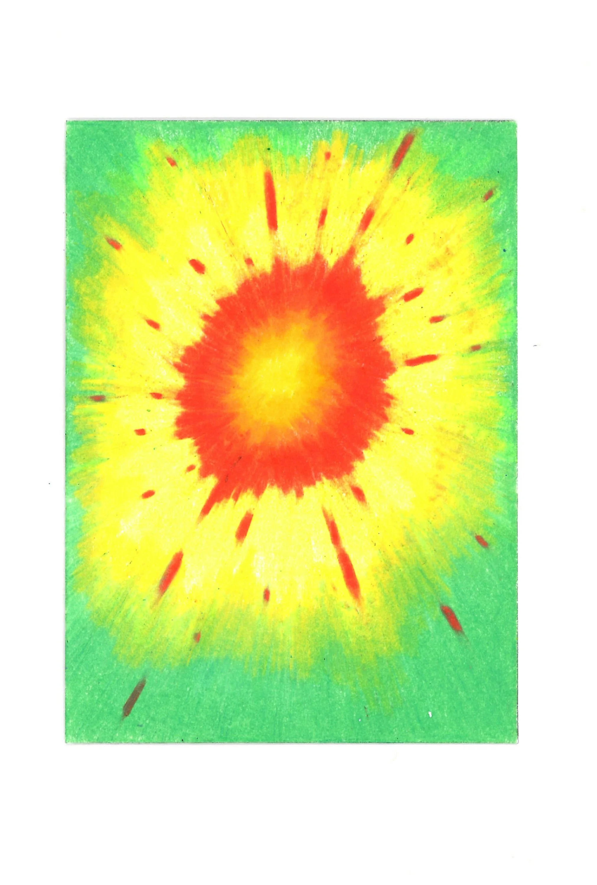 A colorful abstract painting with a yellow and red swirl at the center, surrounded by green and yellow radiating splashes.