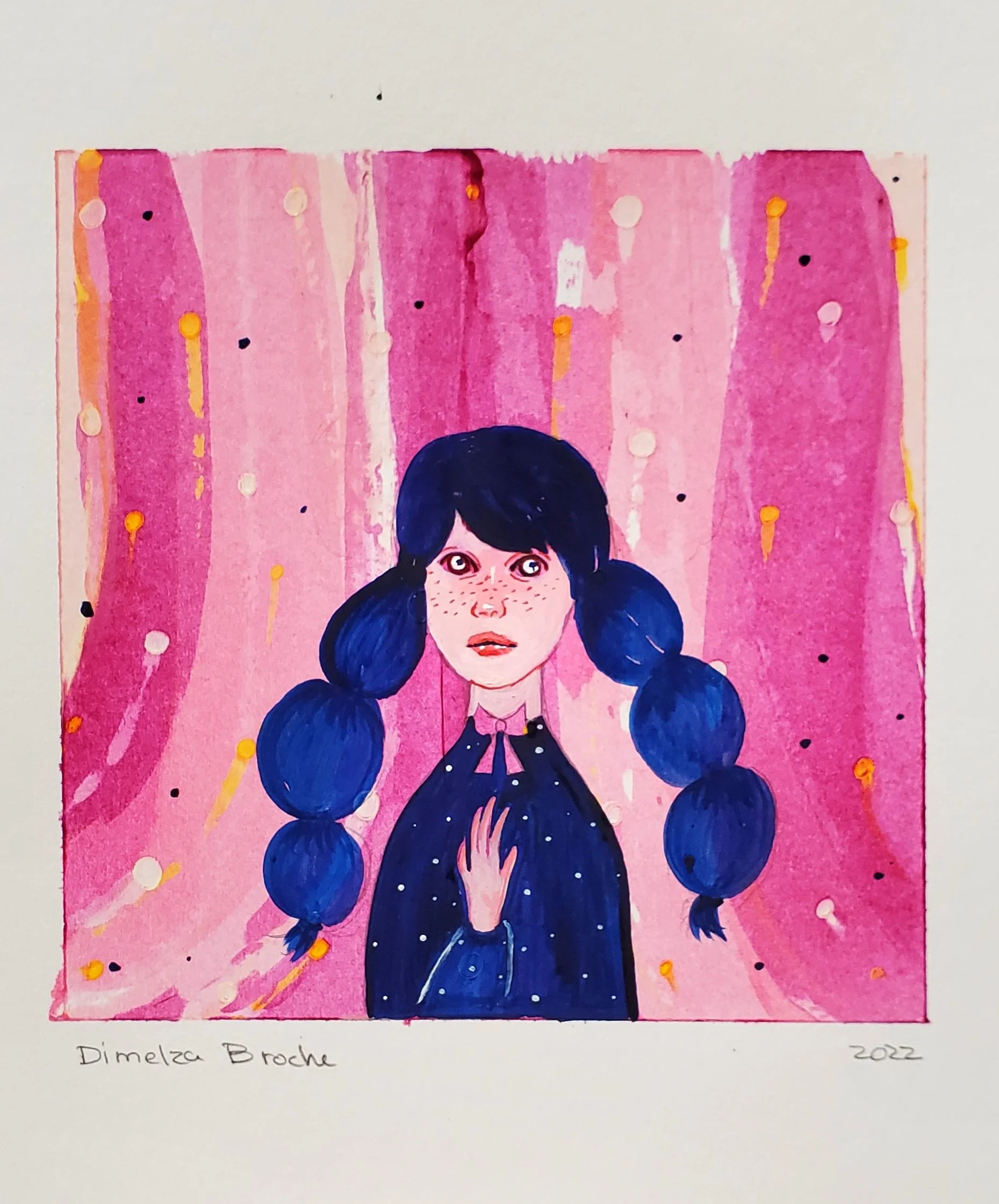 Colorful watercolor painting of a woman with dark blue hair styled in large braids and wearing a polka-dot dress, set against a pink background with abstract yellow, black, and pink spots.