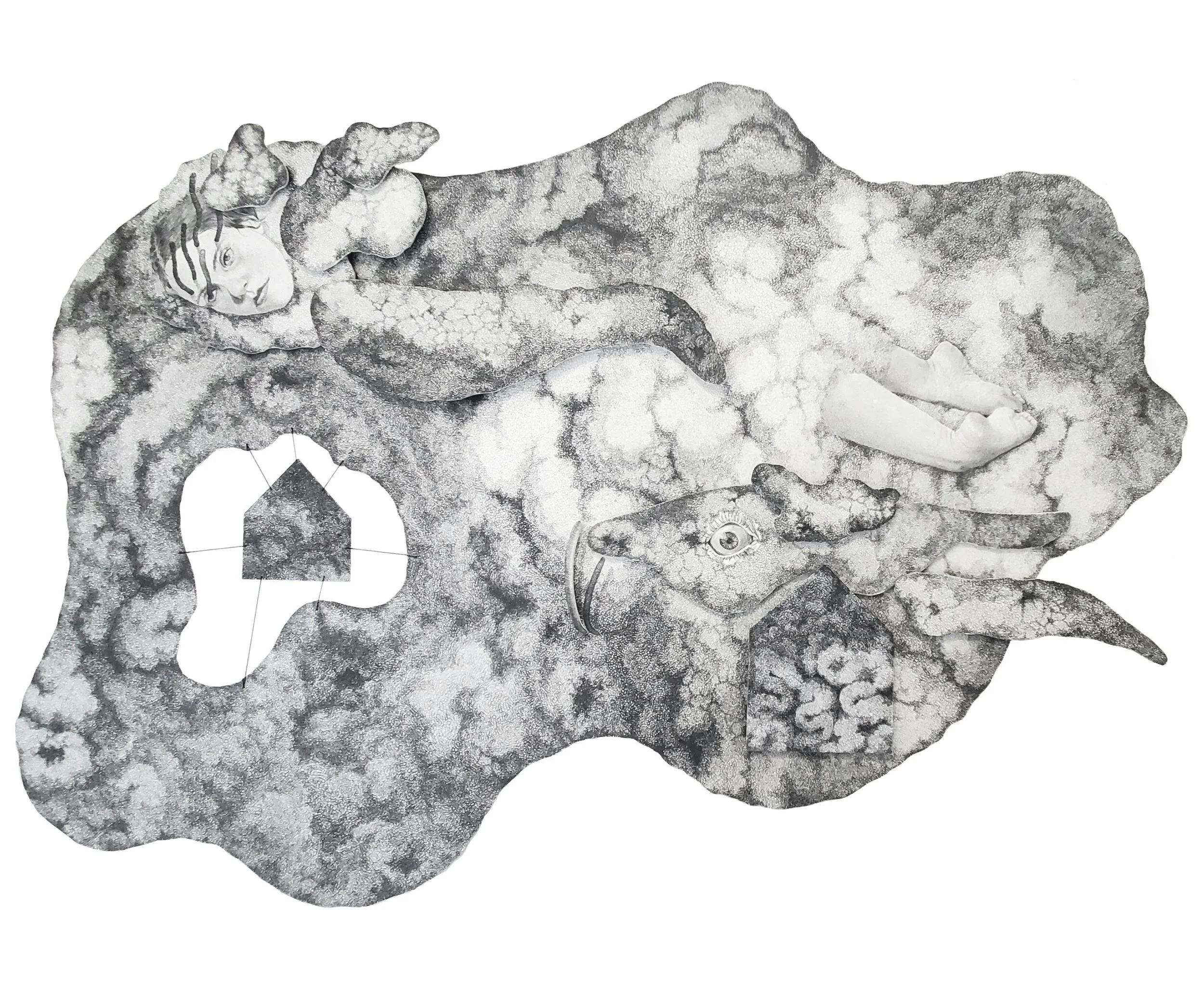 A black-and-white illustration of a reclining female figure with long hair, lying on a textured, cloud-like surface with eye motifs.