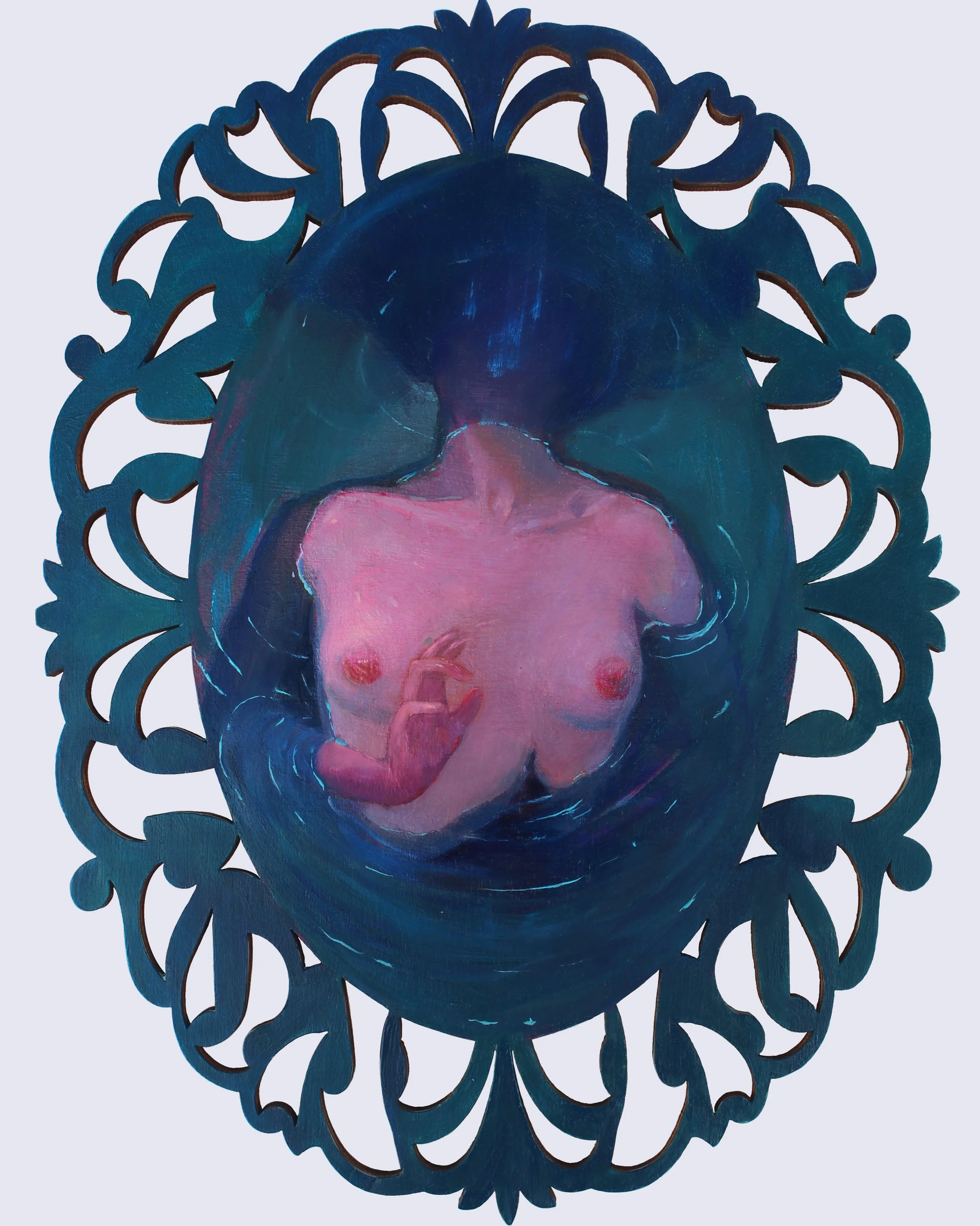 Painting of a nude woman with blue hair, framed by an ornate dark blue decorative border.