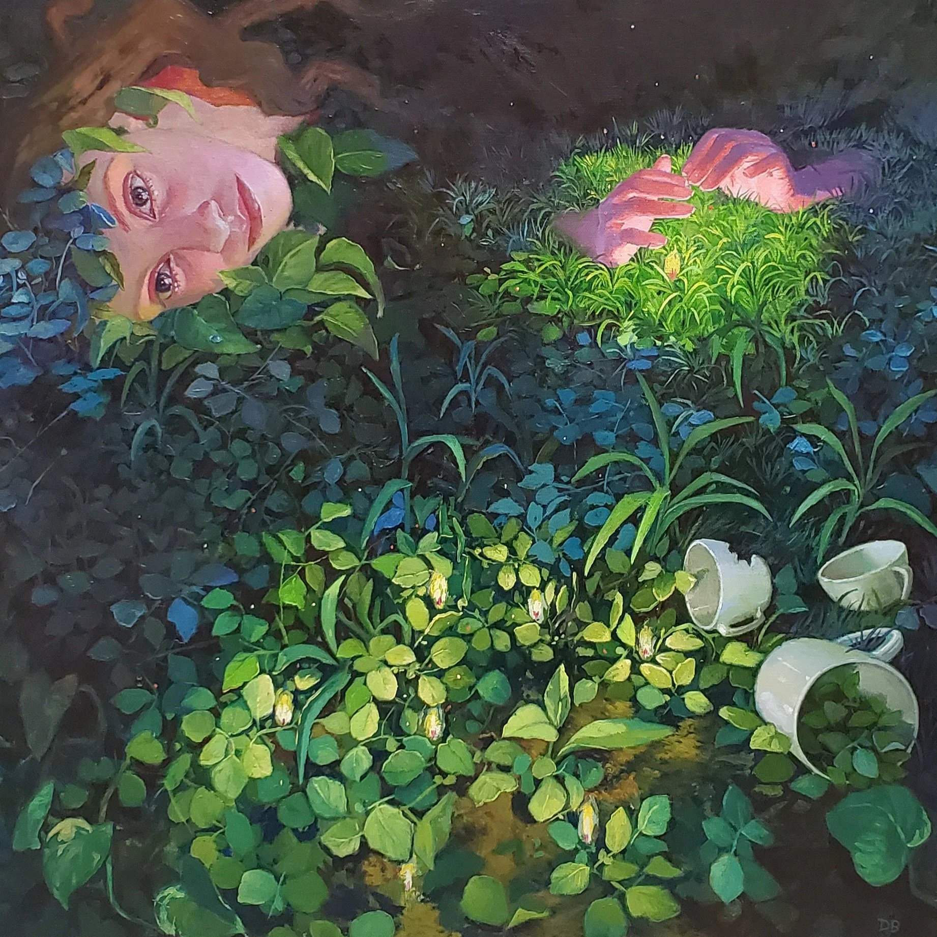 A painting of a person with long hair and light skin, lying in water among green plants and flowers. Their eyes are open and gaze towards the viewer, with their hands clasped together near their face, surrounded by lush foliage and white flowers.