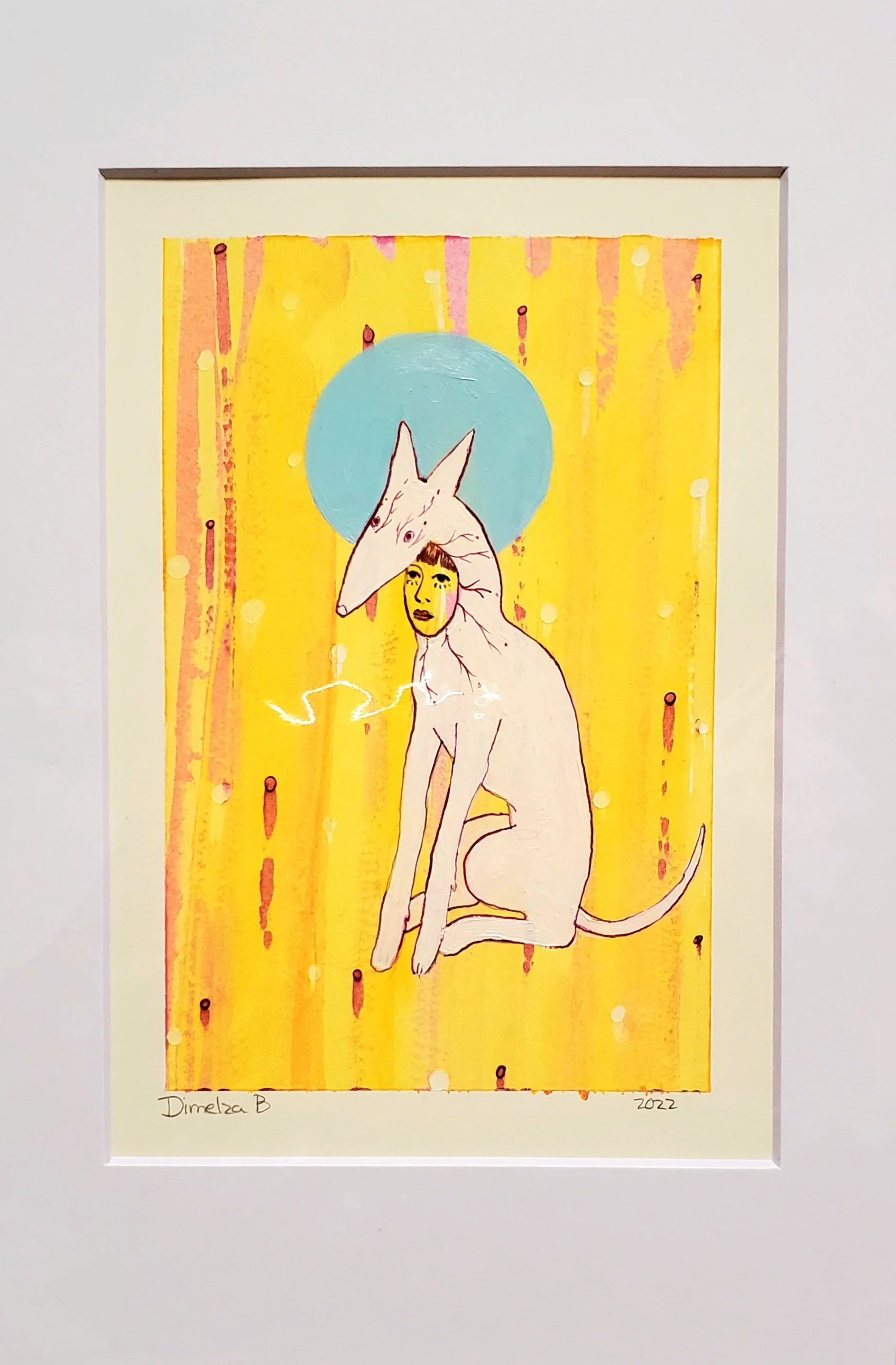 An artist's watercolor painting of a woman with a fox mask on her head, seated against a yellow background with pink and orange streaks and white dots. The artwork is signed 'Dimelza B' and dated 2022.
