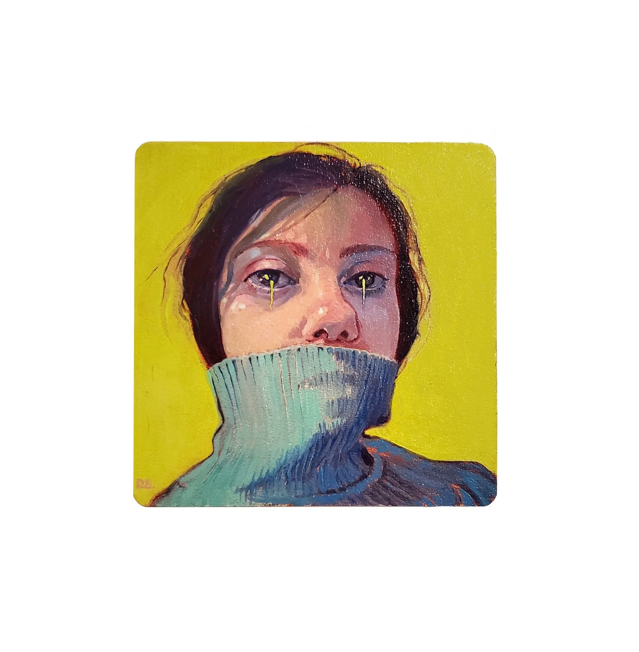 Colorful painted portrait of a woman with purple hair, yellow earrings, and wearing a blue and gray sweater, set against a yellow background.