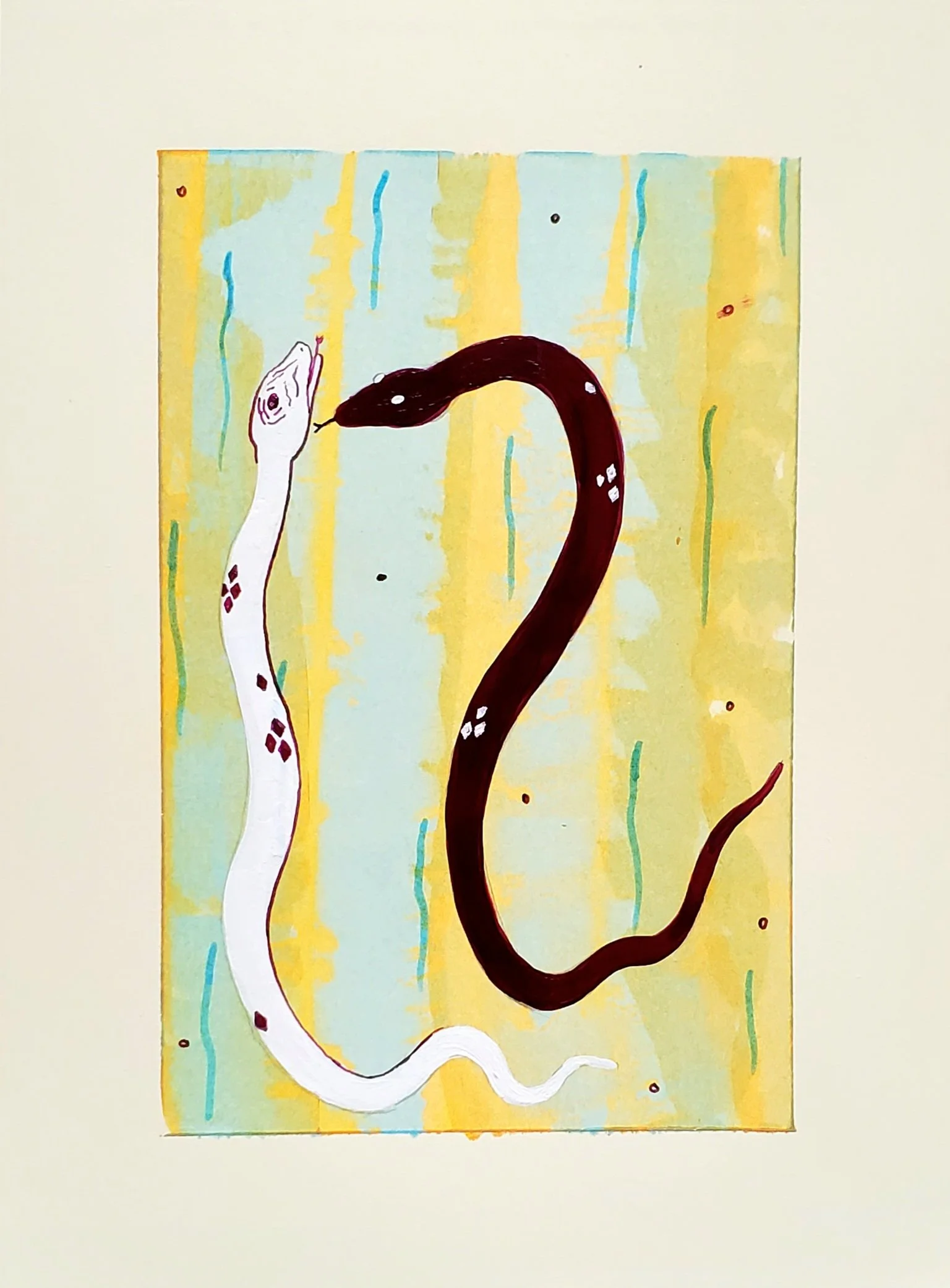Two snakes, one white and one dark red, are shown against a yellow background with vertical blue and green lines; the snakes are facing and approaching each other.
