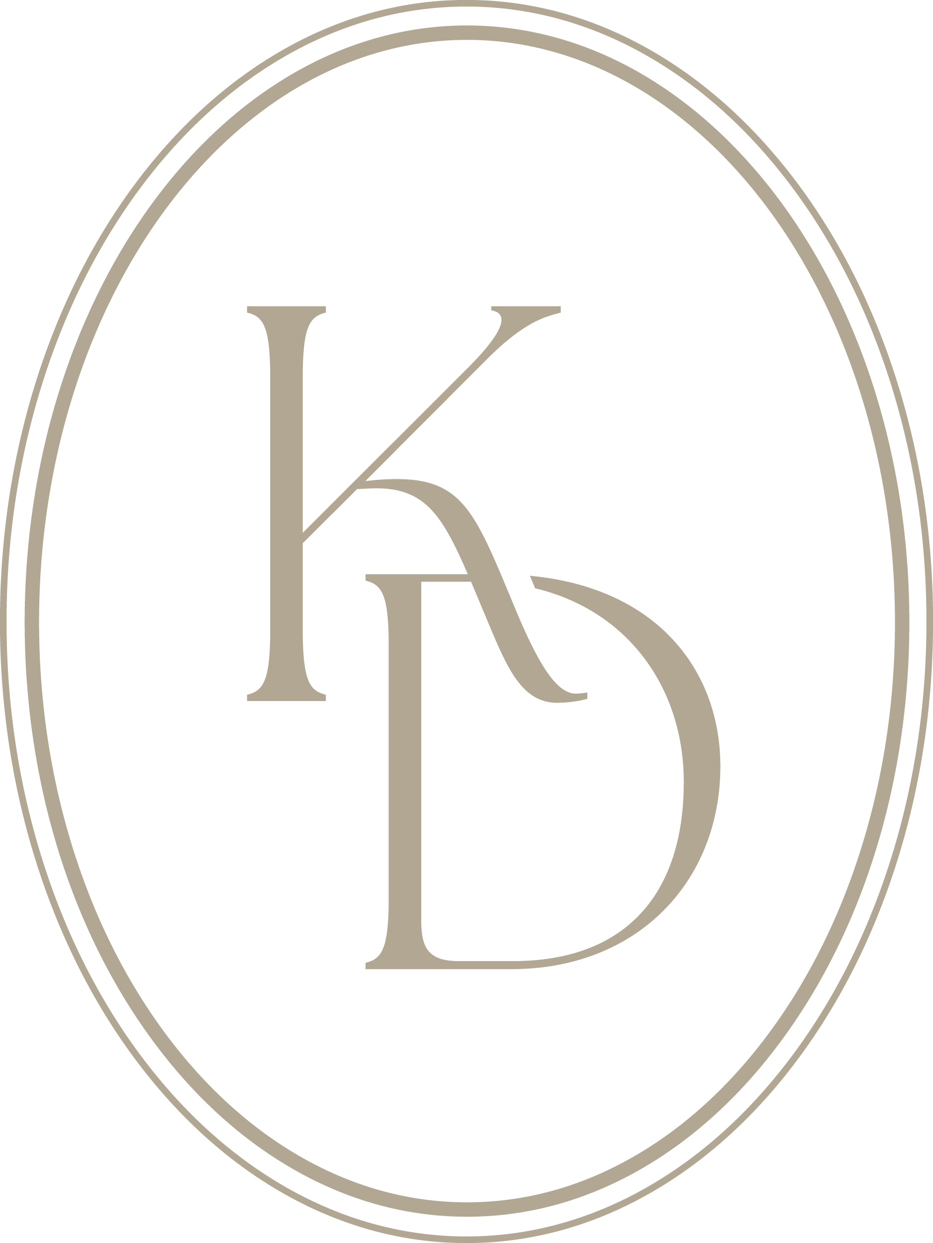 An elegant logo featuring the intertwined letters K and D inside an oval shape with a black background and gray outlines.