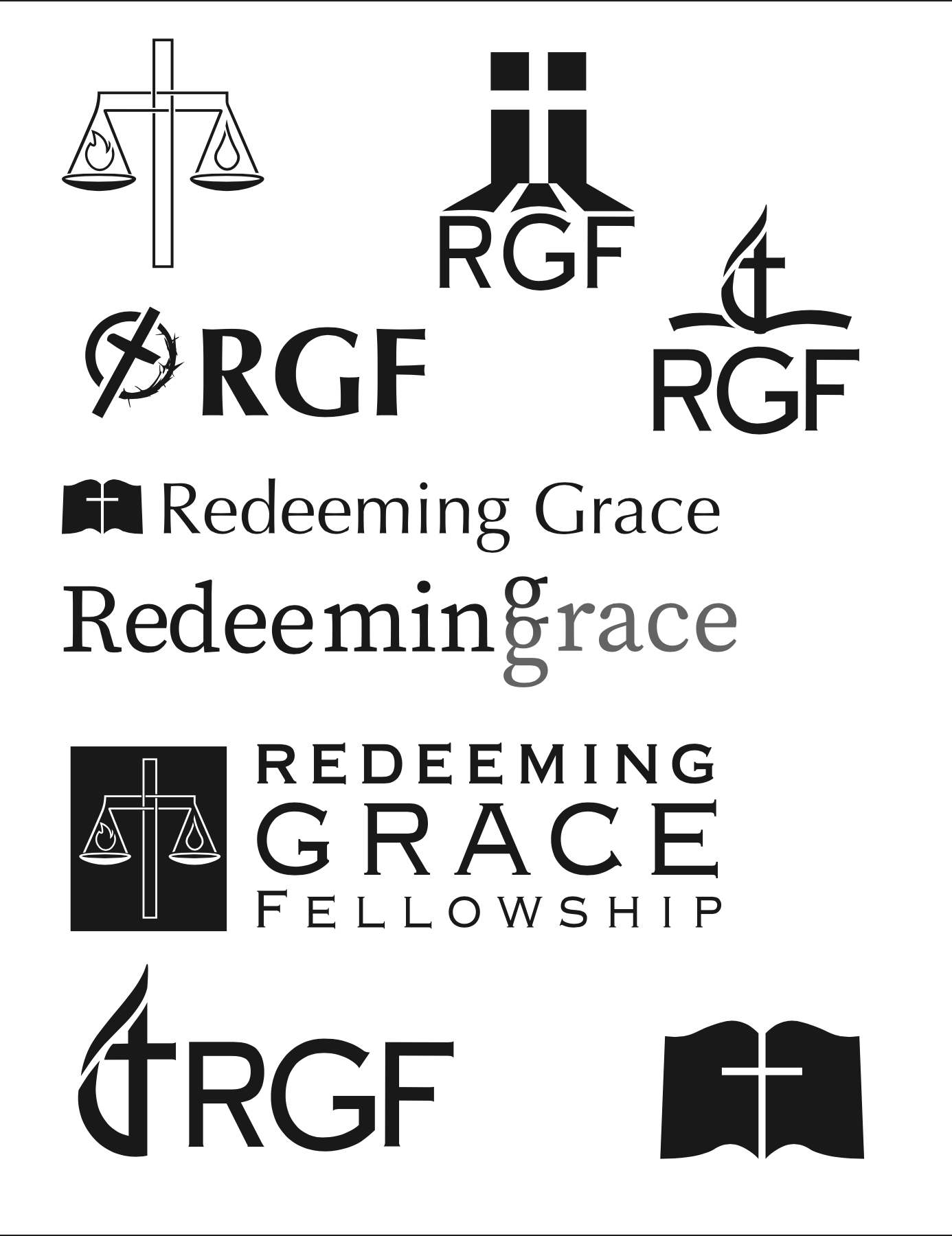 Collection of logos and symbols representing the Christian organization Redeeming Grace Fellowship, including scales of justice, a flame with a cross, and an open Bible, with text reading "Redeeming Grace Fellowship" and "Redeeming Grace".