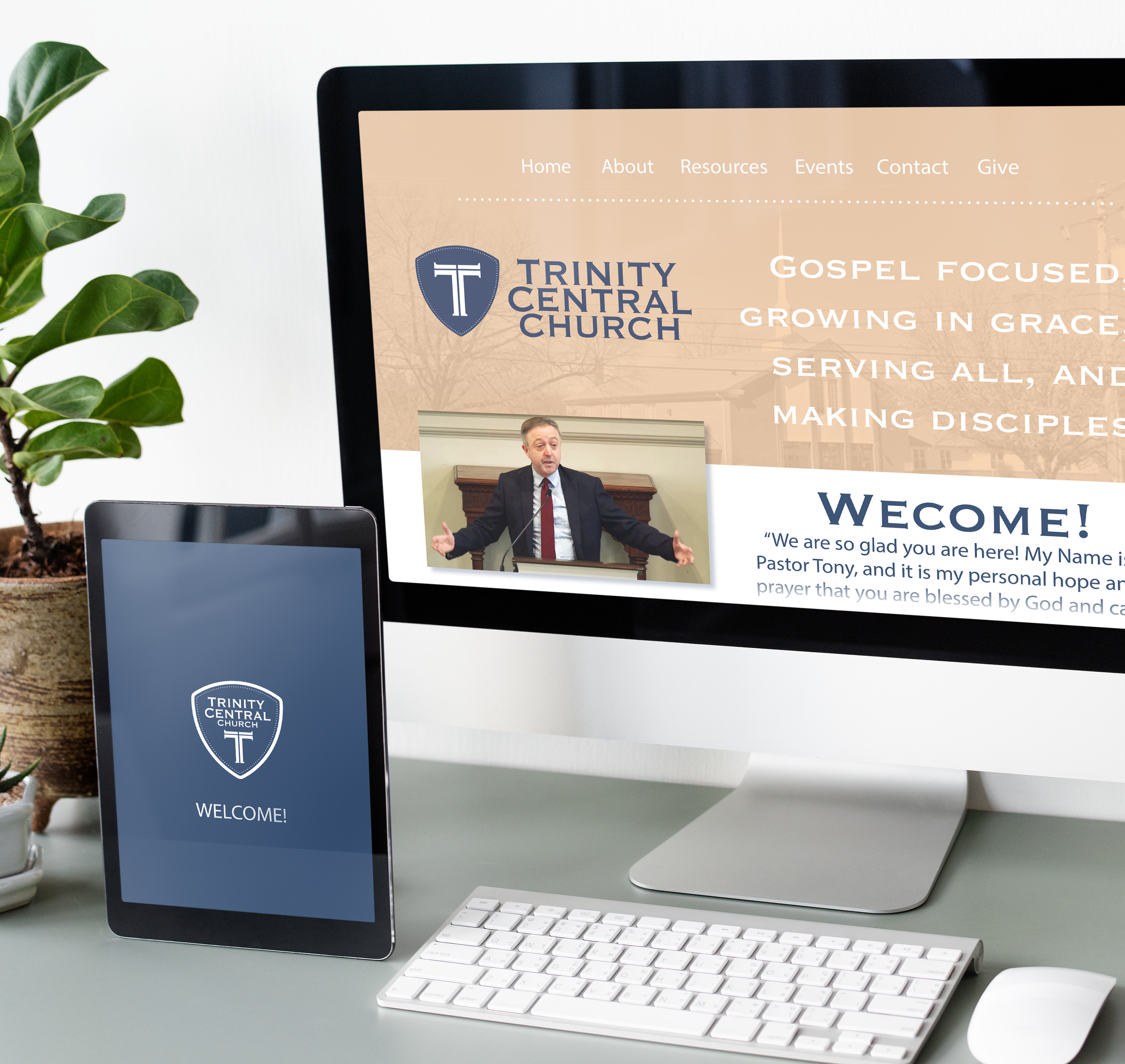 Church website, with a church logo, and welcome message from the organization across multiple platforms for the brand.