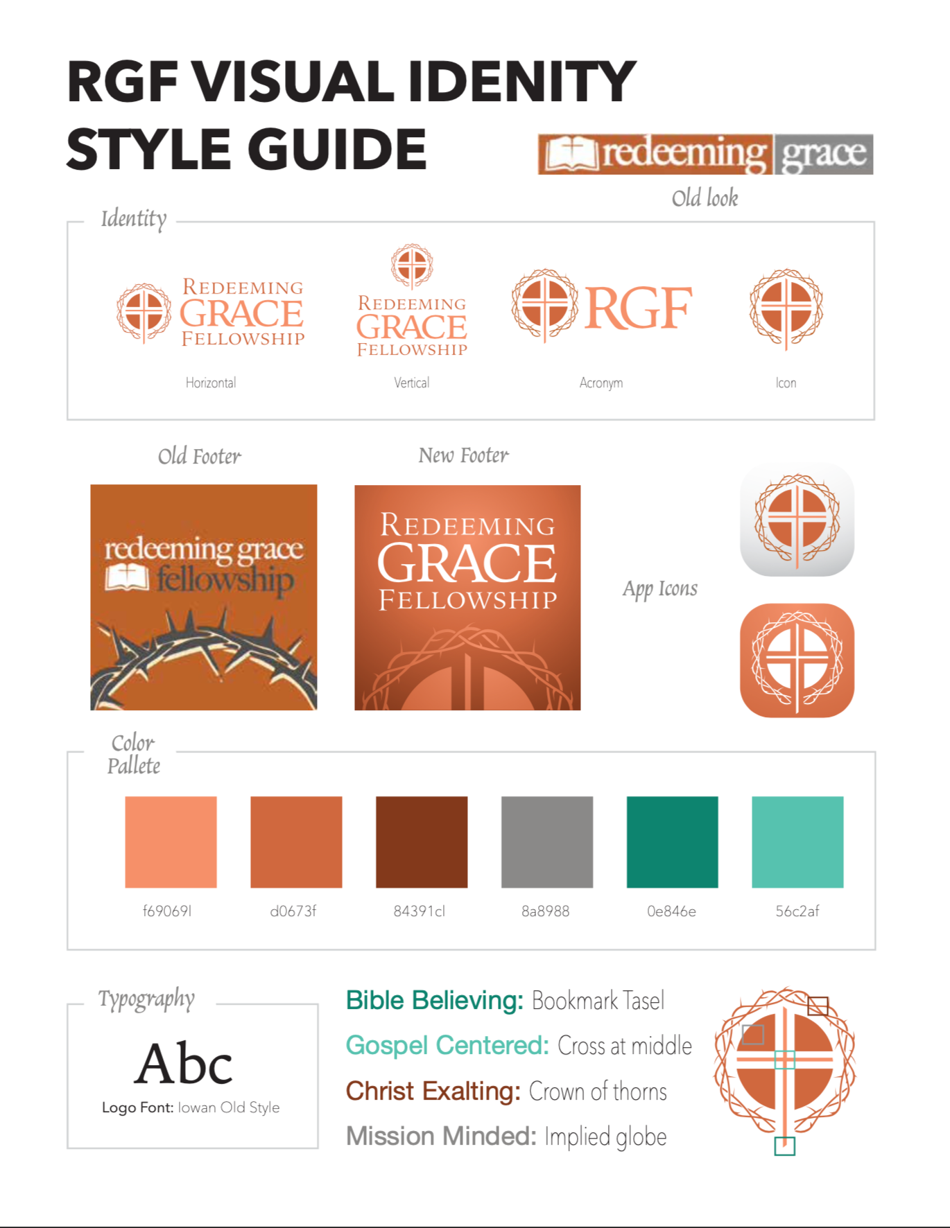 The image presents a style guide for RGF visual identity, showcasing old and new logos for Redeeming Grace Fellowship, color palettes, typography styles, and app icons.