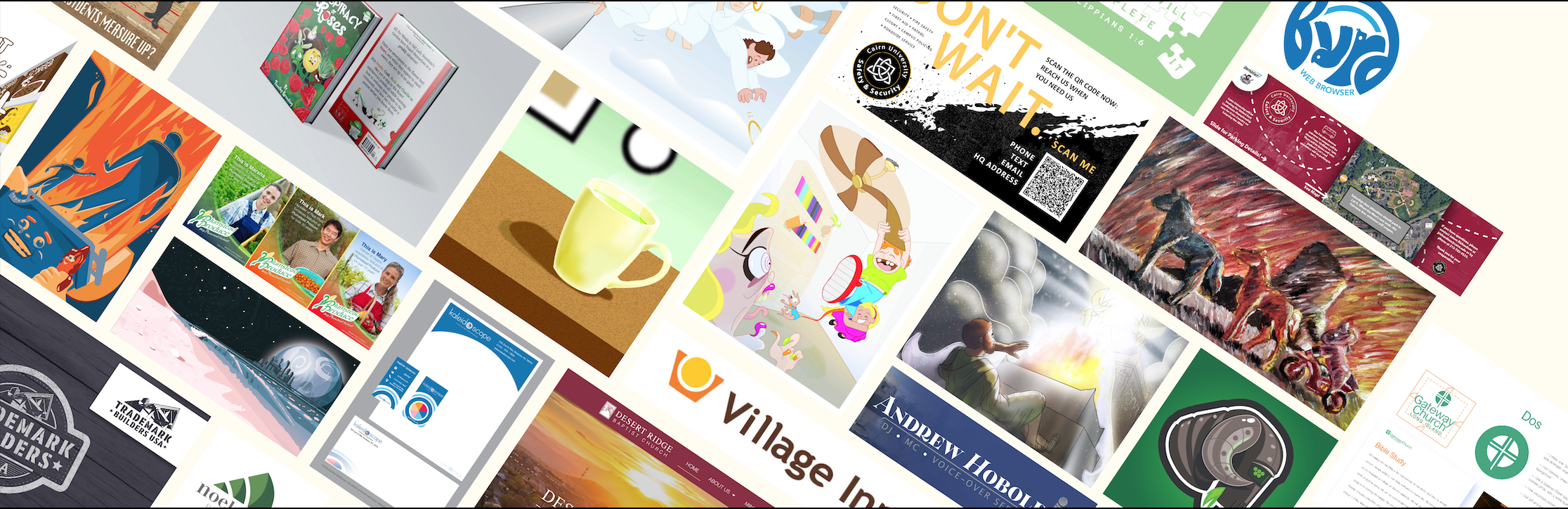 Design work by Tim Gramling with Gramling Design a graphic design firm showing digital and printed images including illustrations, advertisements, and informational graphics.