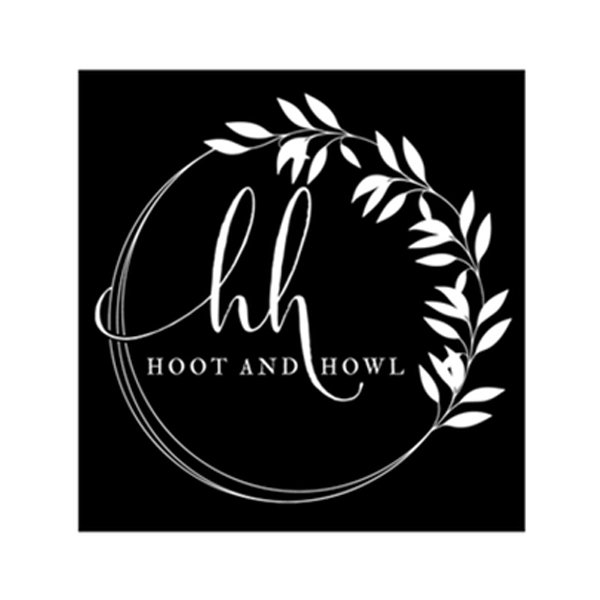 Black square background with white text and decorative elements. The letter 'hh' is prominently featured in elegant cursive, with the phrase 'Hoot and Howl' in smaller uppercase letters below. A stylized laurel or leafy branch encircles the text, adding a decorative touch.
