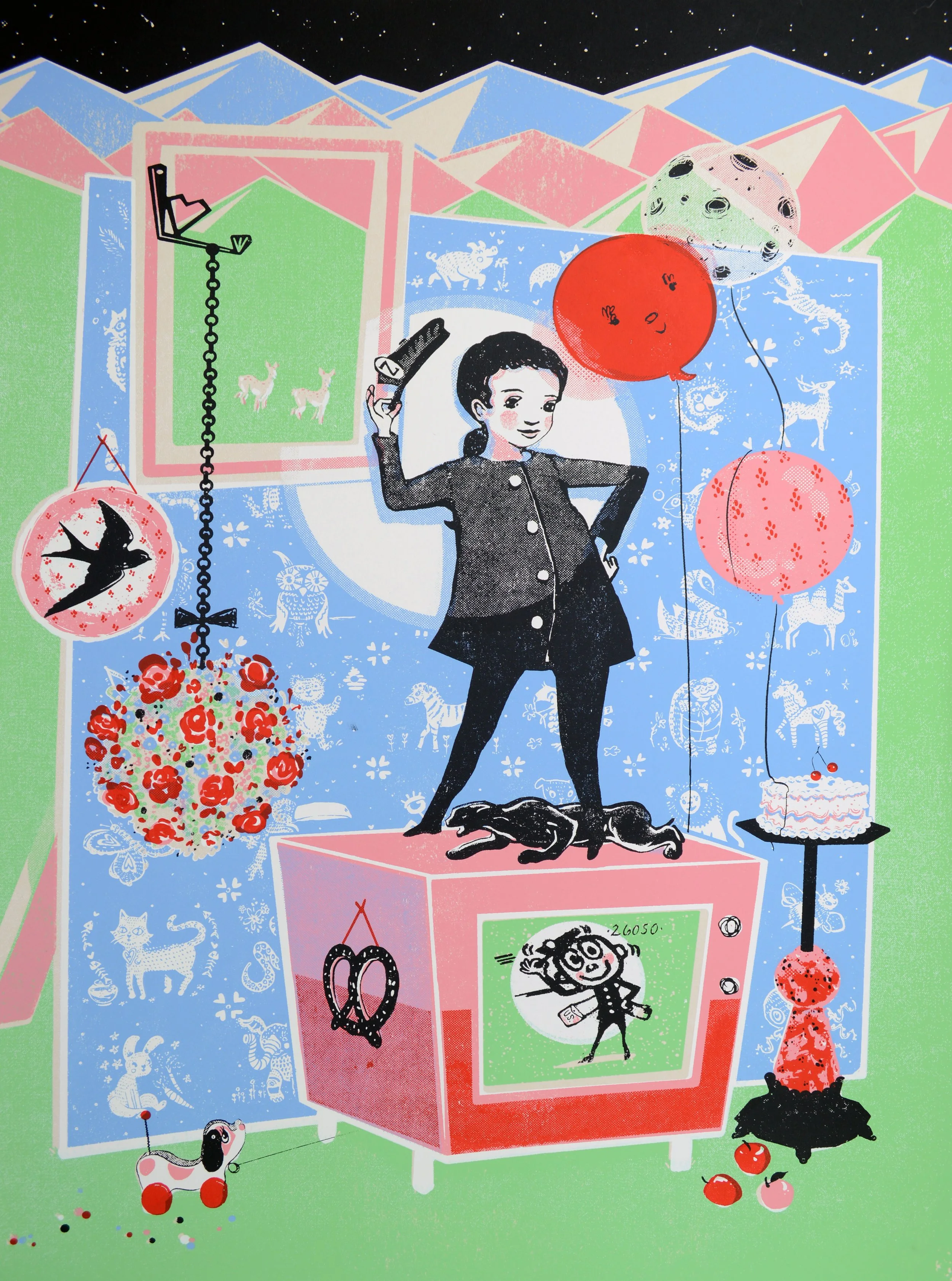 A colorful illustrated scene with a woman standing on a pink vintage television, holding a remote. She is surrounded by balloons, a cake, a hanging flower bouquet, and various decorative elements, including a dog on the TV and a box-shaped dog toy on the floor. The background features patterned panels with animal motifs and mountain shapes.